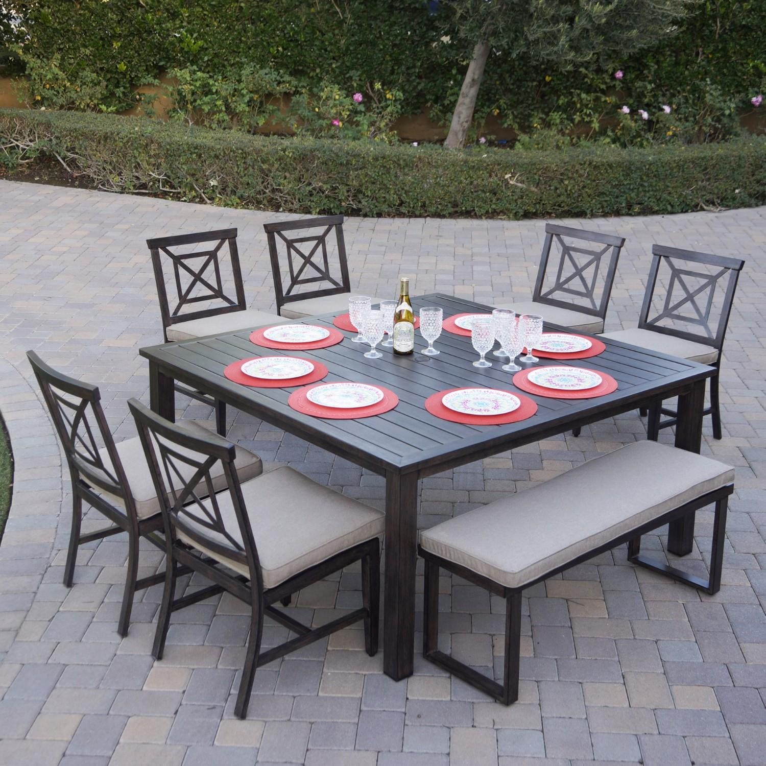 Atlantis 8 Pc Aluminum Dining Set w/ 6 Dining Side Chairs & Two Person Bench in Walnut/Beige by Darlee - Hero - Lifestyle thumbnail