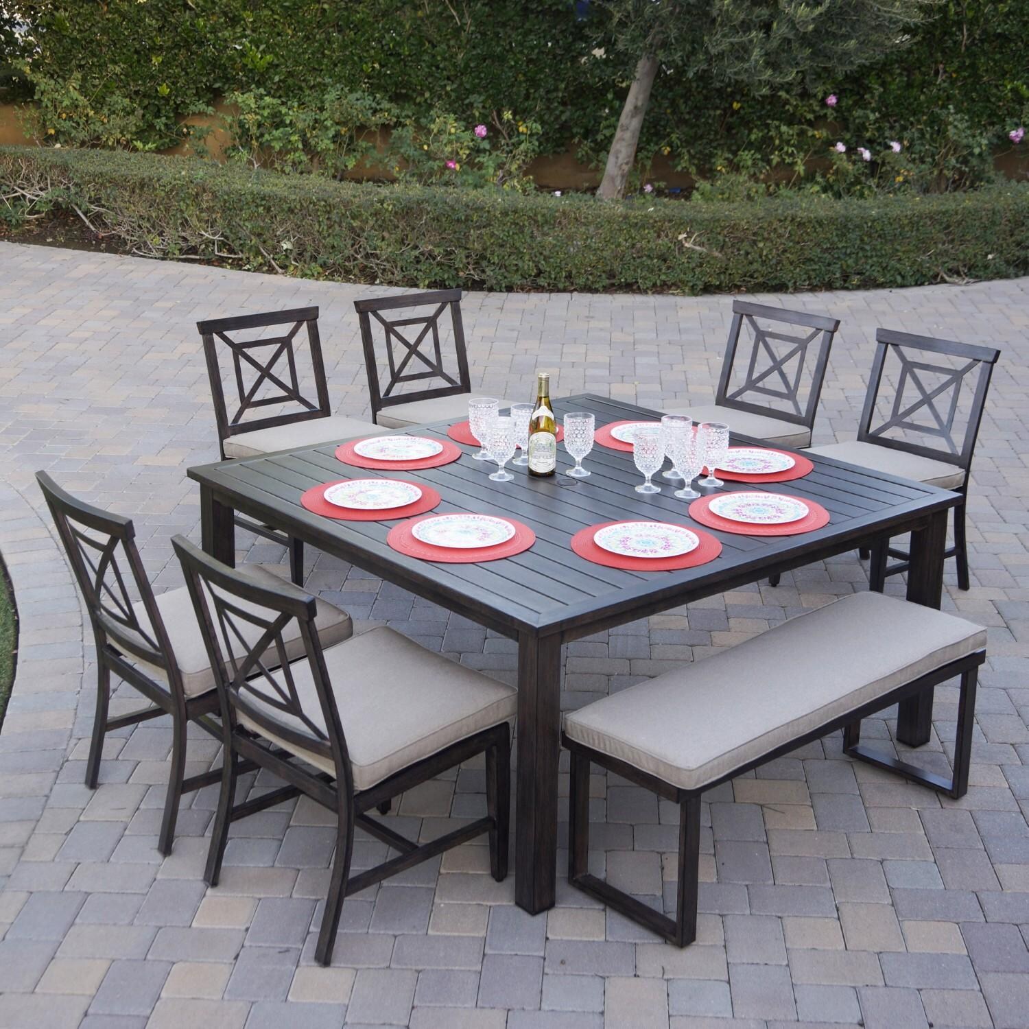 Atlantis 8 Pc Aluminum Dining Set w/ 6 Dining Side Chairs & Two Person Bench in Walnut/Beige by Darlee