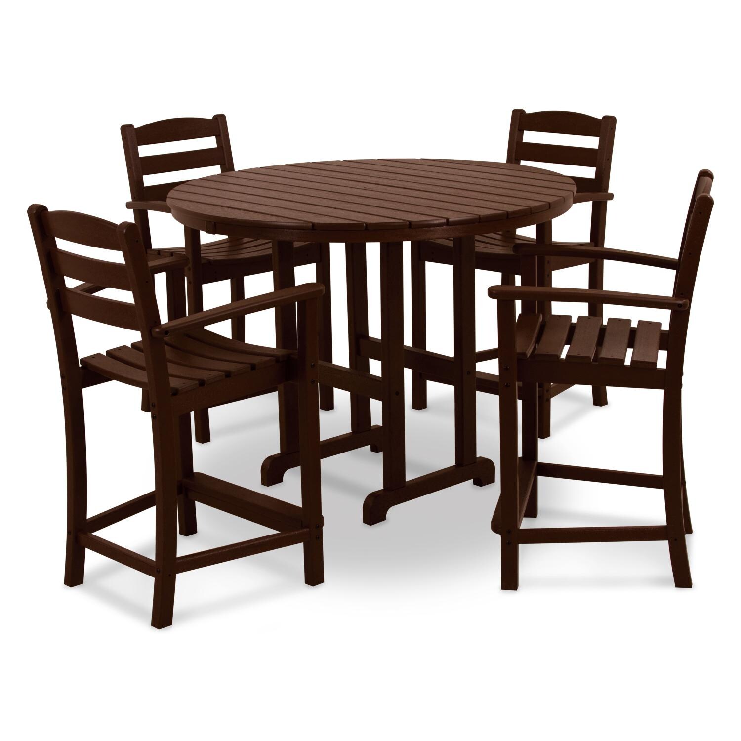 La Casa Cafe 5 Piece Mahogany Recycled Plastic Wood Patio Counter Height Bar Set By POLYWOOD image