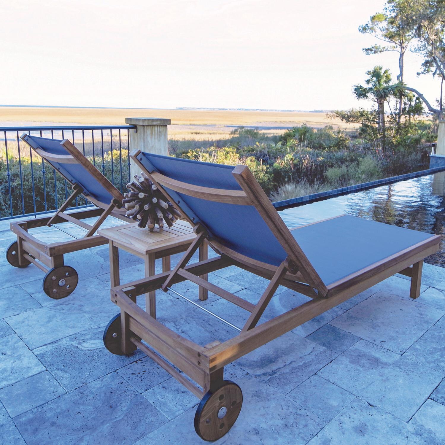 Royal Teak Collection 3 Piece Sundaze Teak Patio Chaise Lounge Set W/ 20 Inch Square Side Table - Gray Sling - Back View thumbnail