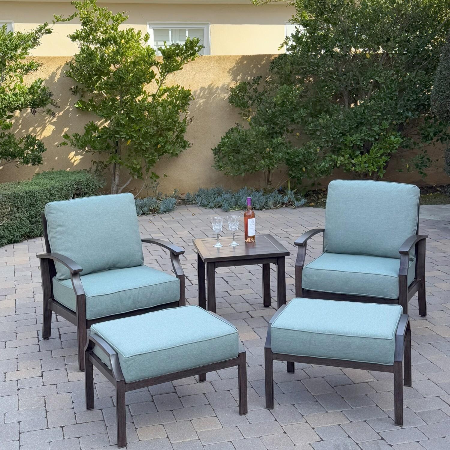 Atlantis 5 Pc Aluminum Seating Set w/ 2 Club Chairs & 2 Ottomans in Walnut/Spa by Darlee - Hero - Lifestyle thumbnail