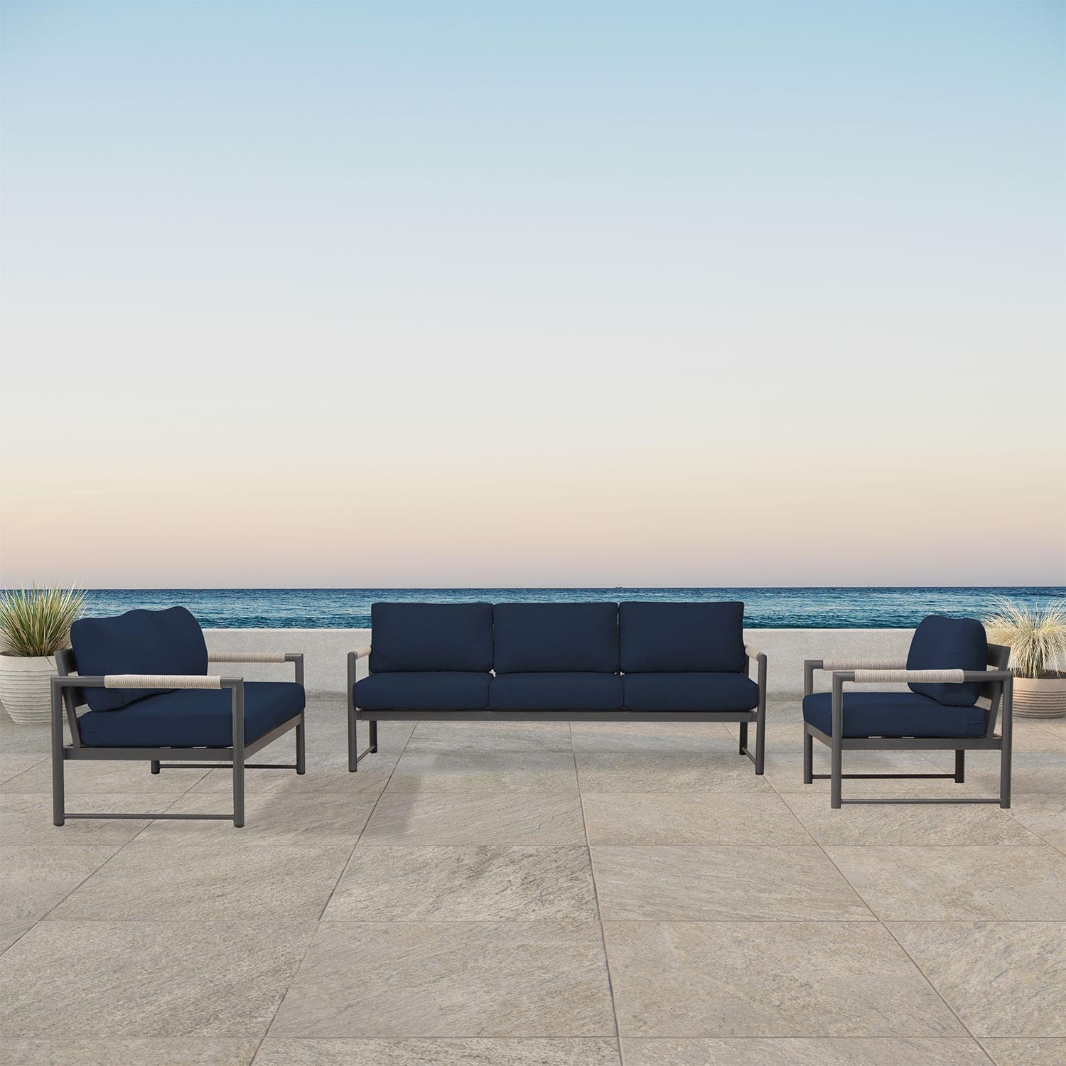Avenue Bay 3 Pc Aluminum Sofa Seating Set in Slate/Spectrum Indigo by Lakeview Outdoor Designs