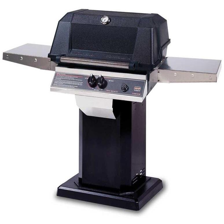 MHP WNK4DD Propane Gas Grill With Stainless Steel Shelves And Stainless Grids On Black Patio Base