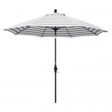 California Umbrella Sun Master Series 9 Ft Octagonal Aluminum Collar Tilt Patio Umbrella W/ Crank Lift & Fiberglass Ribs - Bronze Frame / Olefin Gray White Cabana Stripe Canopy