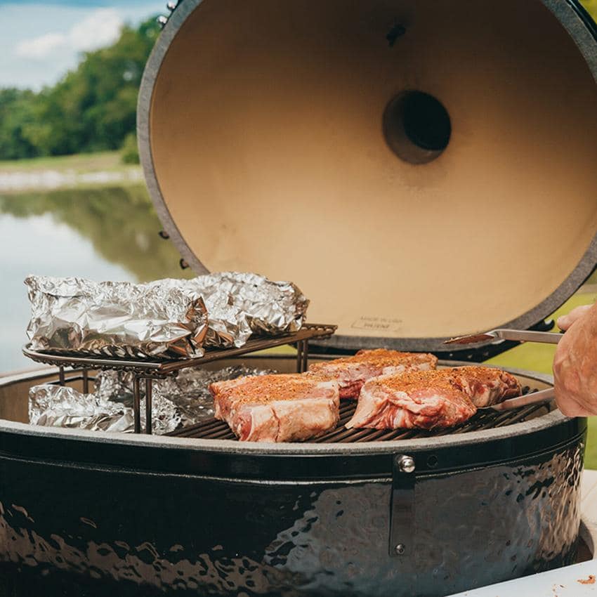 Primo Oval XL 400 Ceramic Kamado Grill On Curved Cypress Table