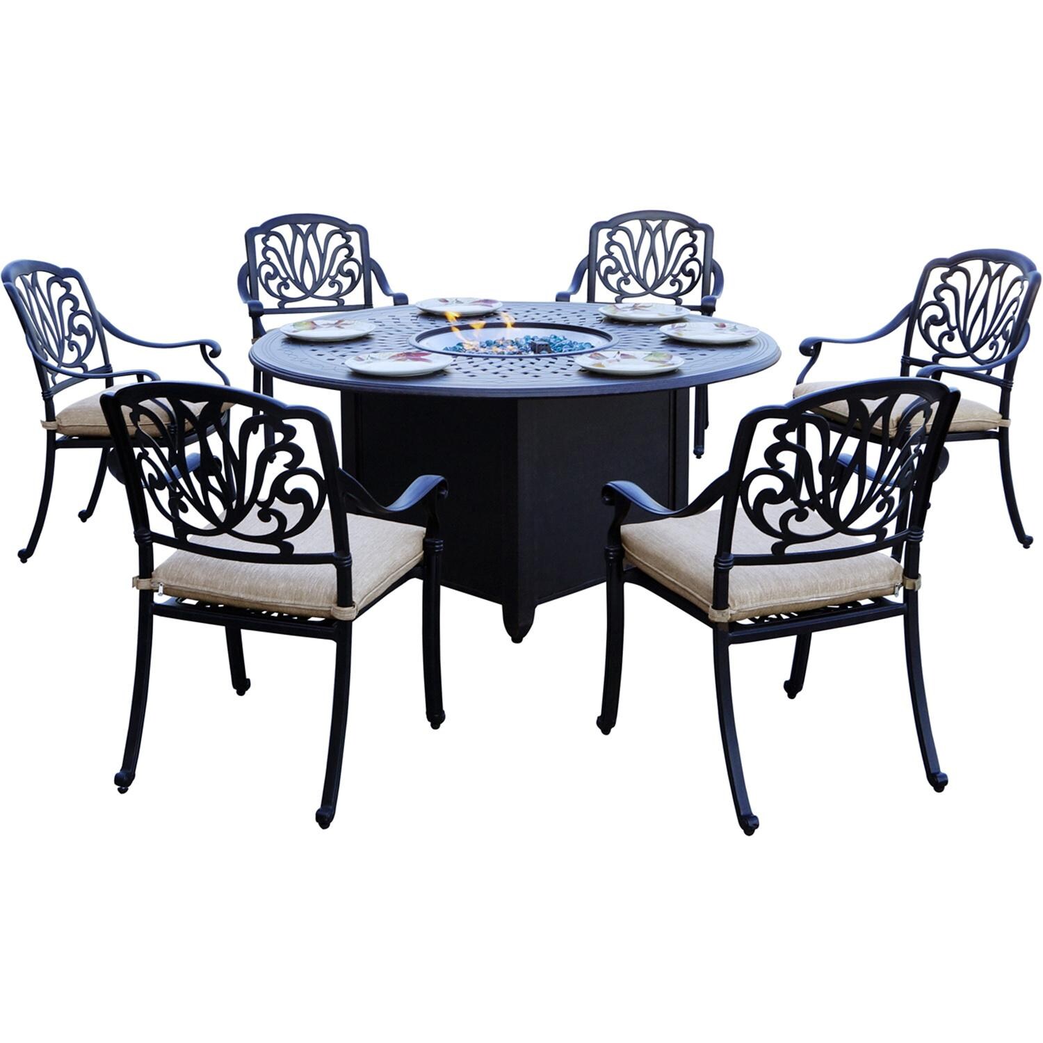 Elisabeth 7 Pc Cast Aluminum Fire Pit Dining Set w/ 60 Inch Round Table in Antique Bronze/Beige by Darlee