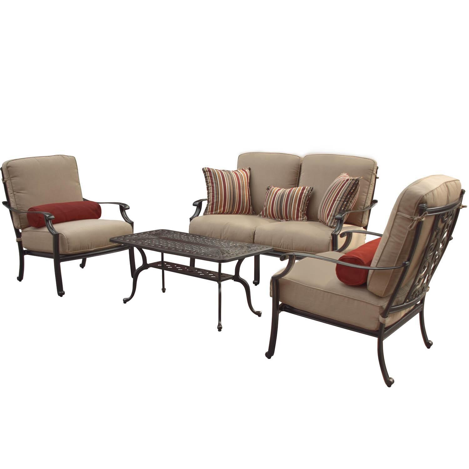 Bocage 4 Piece Cast Aluminum Patio Conversation Set W/ Loveseat, Club Chairs & Sunbrella Heather Beige Cushions thumbnail