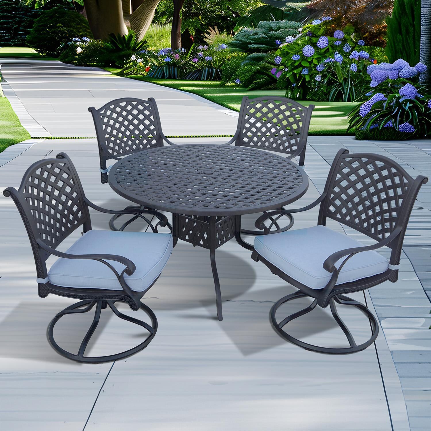 Darlee Nassau 5-Piece Patio Swivel Rocker Dining Set with Sky Blue Cushions and 48 Inch Round Dining Table - Set - Lifestyle thumbnail