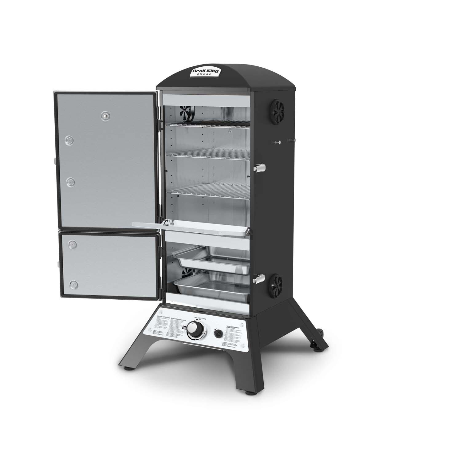 Broil King 28-Inch Smoke Vertical Propane Gas Smoker - Black - Angled Left Door Open - White Background thumbnail