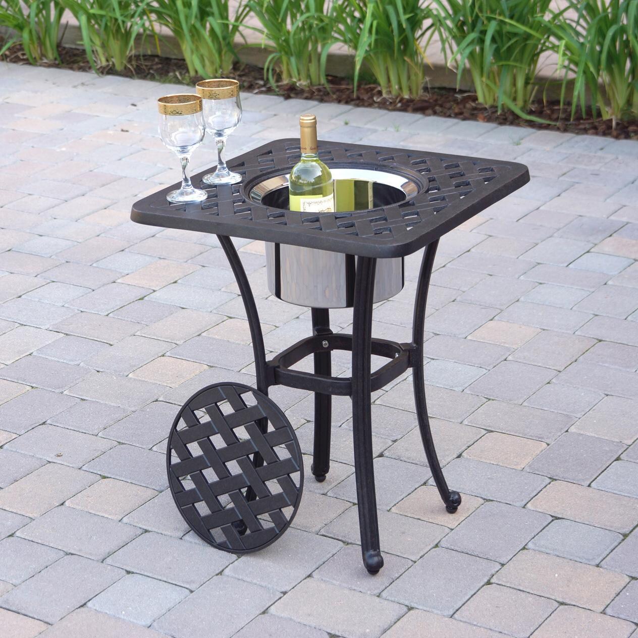 Darlee Nassau 3-Piece Patio Conversation Set with Sesame Cushions and 21 Inch Square Ice Bucket End Table - Table Open - Lifestyle thumbnail