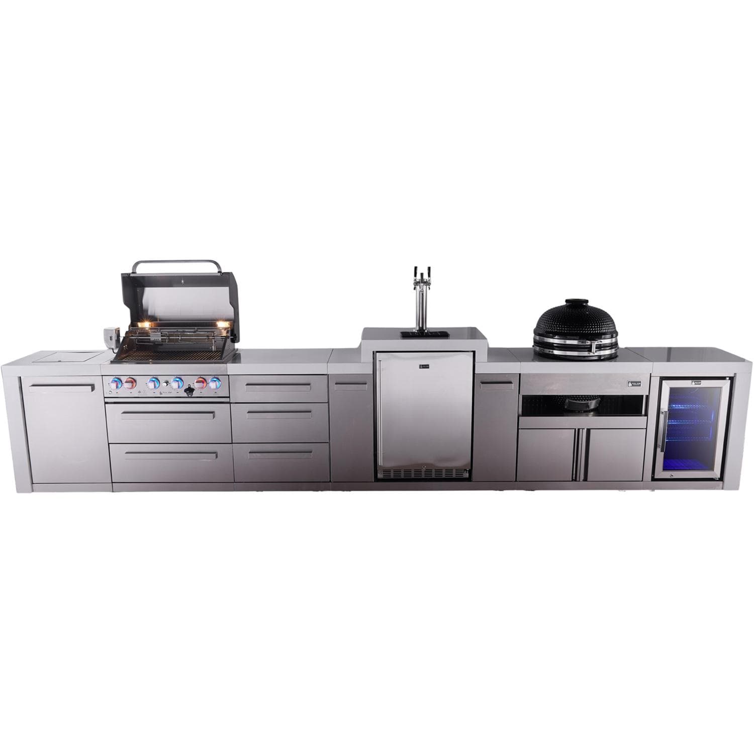 Mont Alpi Deluxe Series 15 1/2 Ft Propane Outdoor Kitchen Island w/ 32-in Grill, Side Burner, Kegerator, Fridge, Kamado Module & Triple Drawer - MAi400-DKEGFCKAMDR - Island - White Background thumbnail