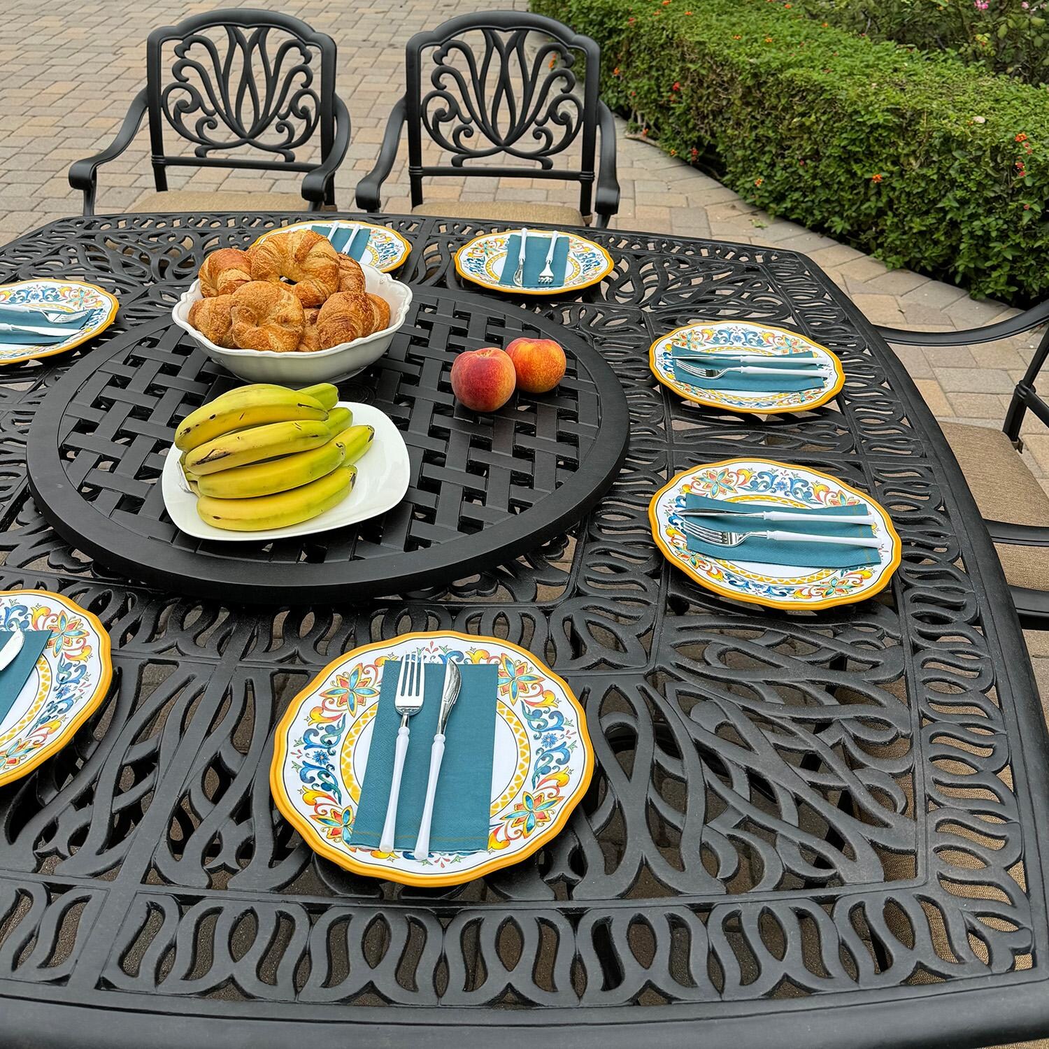 Elisabeth 10 Pc Cast Aluminum Dining Set w/ Swivel Rockers & Lazy Susan in Antique Bronze by Darlee - Close Up - Detail thumbnail