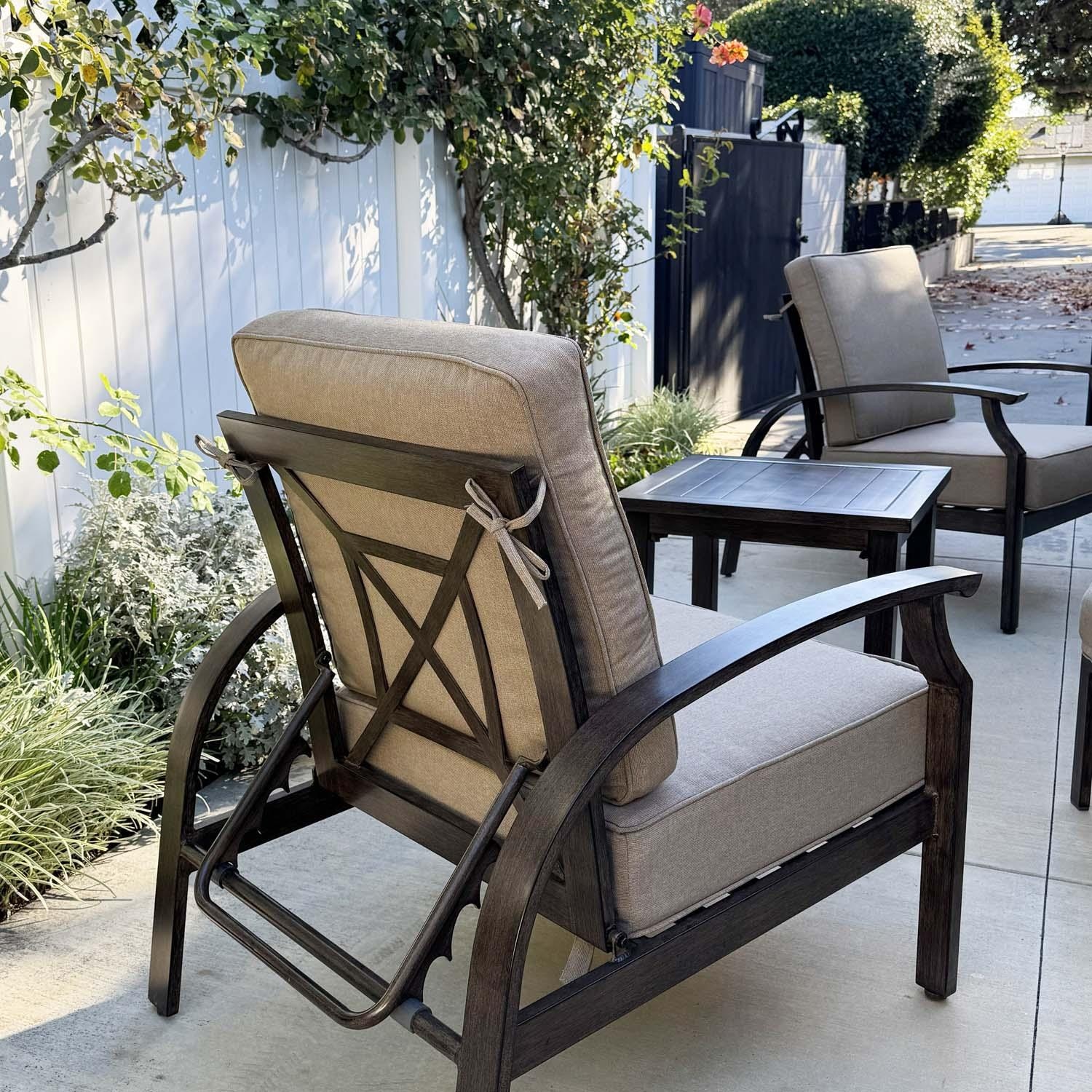 Atlantis Aluminum 2 Pc Club Chair Set w/ Adjustable Backrest in Walnut/Beige by Darlee - Angled Back - Lifestyle thumbnail