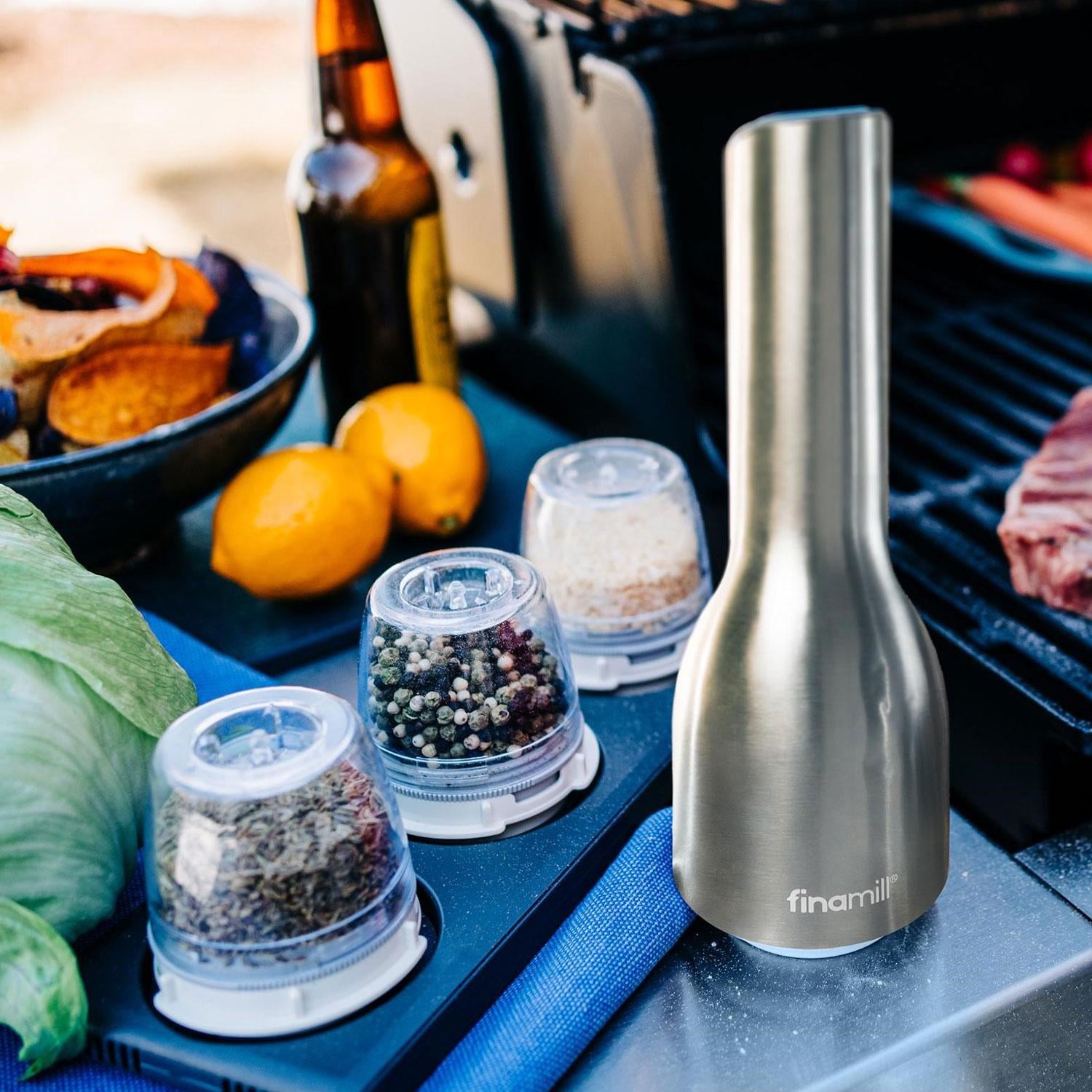 FinaMill GP181134-12SSP Rechargeable Stainless Steel Spice Grinder W/ Two PRO Spice Pods - Prepped Spices on Grill - Lifestyle thumbnail