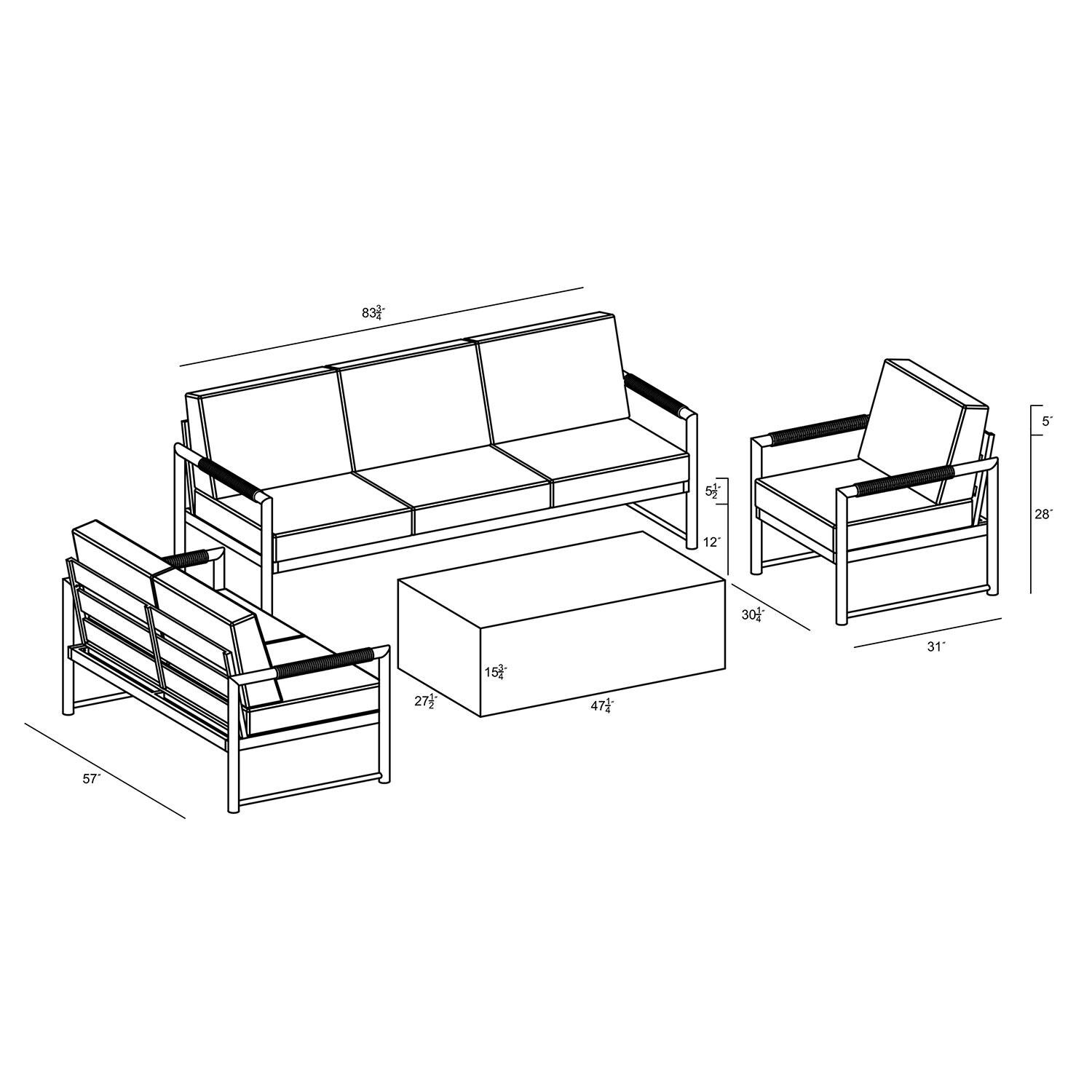 Lakeview AVEBAY-BK-CO-SET137-CC Avenue Bay Black/Carbon 4 Pc Sofa Loveseat Set - Canvas Charcoal - Dimensions - Diagram thumbnail