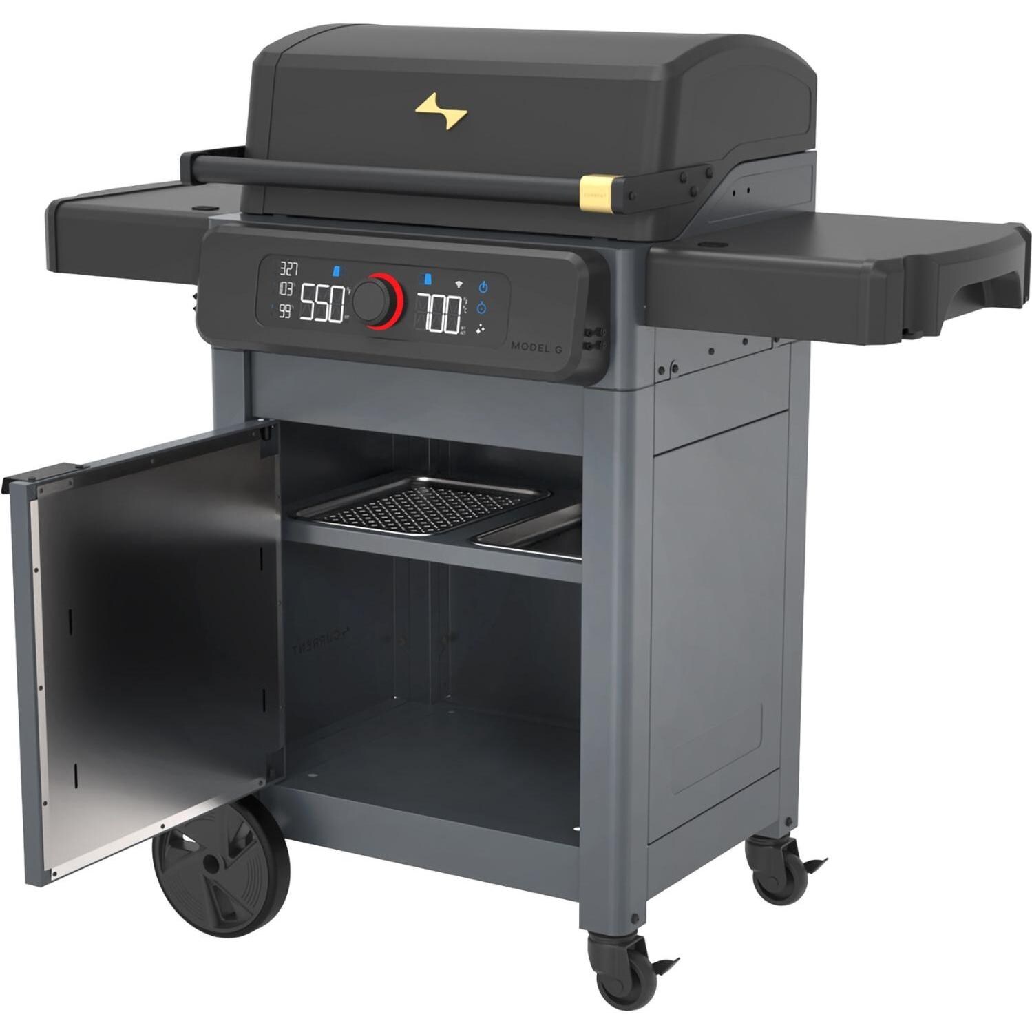 Current 24653014BC Model G Dual Zone Electric Grill W/ Cabinet in Black - Open Cabinet - White Background thumbnail