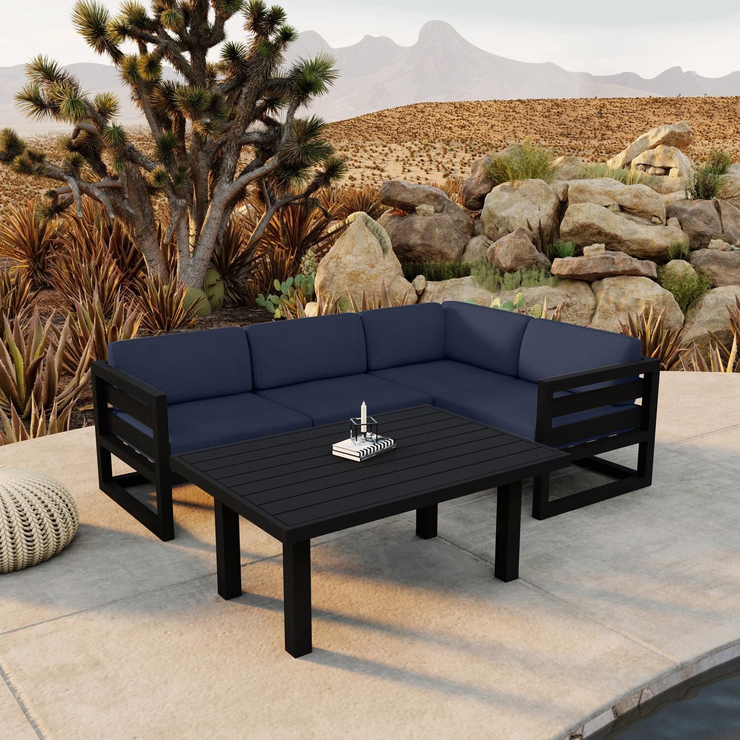 Lakeview MSTYCV-BK-SET203-IN Misty Cove 5 Pc Aluminum Sectional Set in Black w/Chat Table & Spectrum Indigo Cushions by Lakeview Outdoor Designs - By the Pool - Lifestyle thumbnail