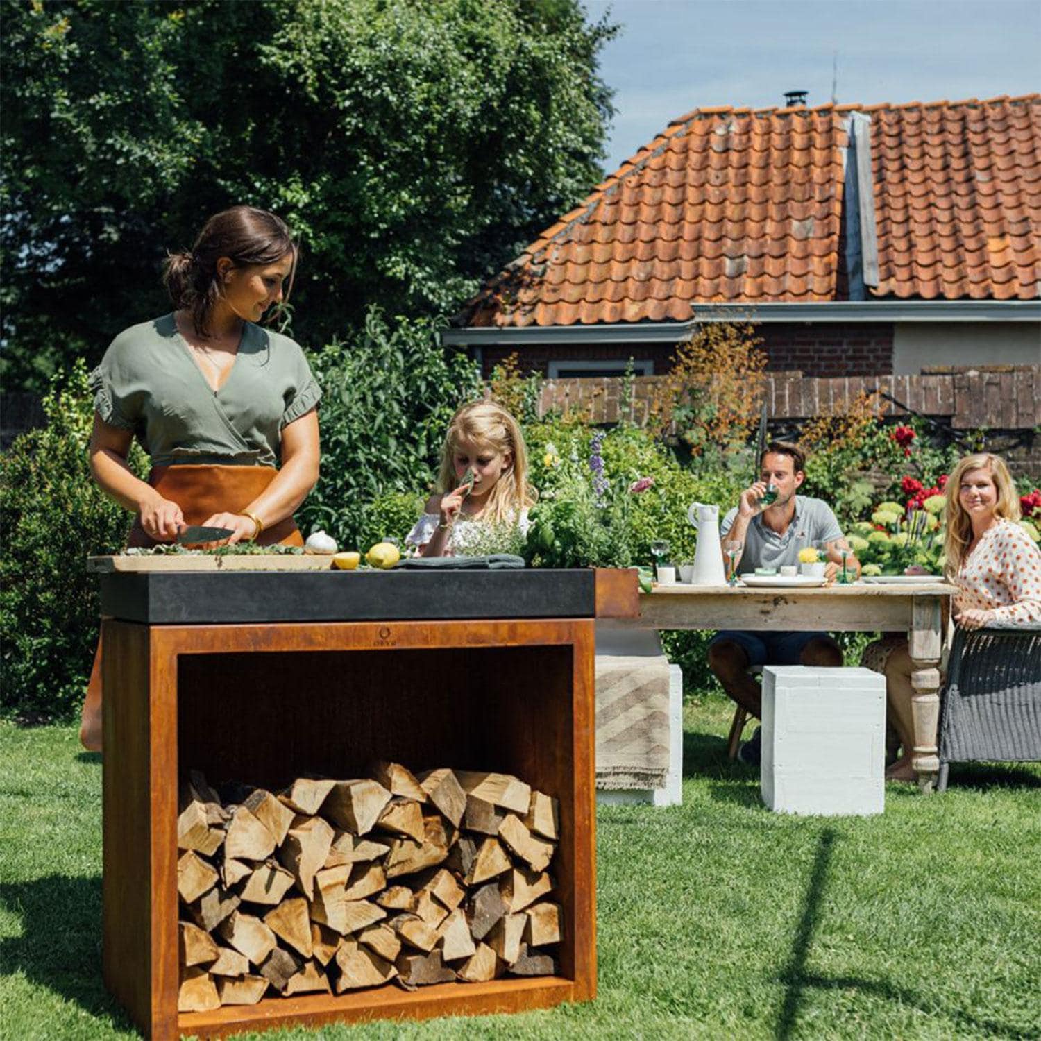 OFYR BBS-90-CD Butcher Block Storage 90 Corten Ceramic Dark Grey 41 Inch Food Prep Station - Chopping Veggies for Family Gathering - Lifestyle thumbnail