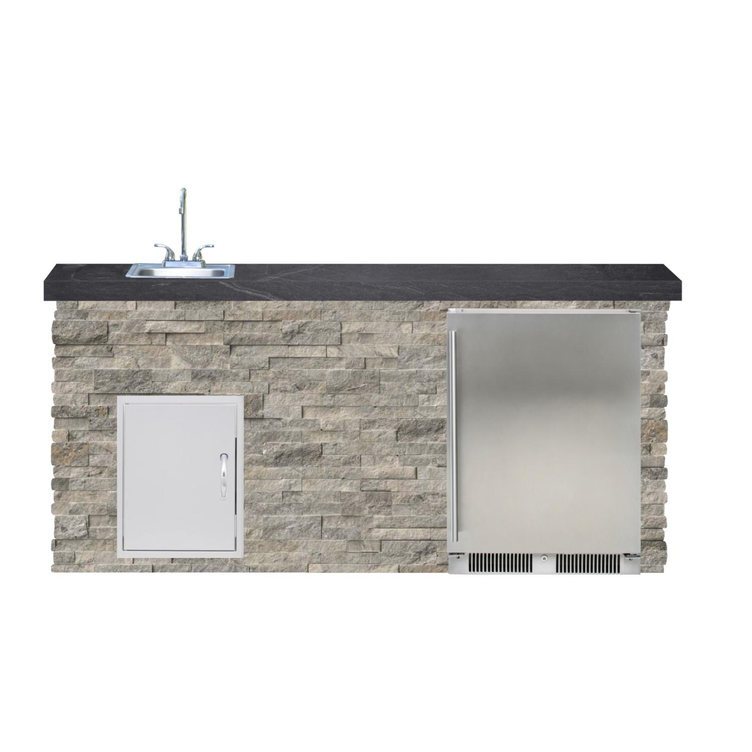 BBQGuys Signature 6ft Luxury Outdoor Island W/ Blaze Outdoor Rated Refrigerator & Summerset 15-Inch Sink - Silver Travertine Stone W/ Black Polished Granite