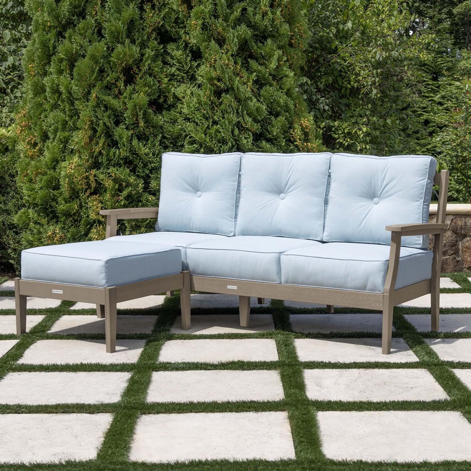 Blushing Bay 2 Pc Recycled Plastic Seating Set in Bliss Dew/Woodland Brown by Lakeview Outdoor Designs - Angled Left - Lifestyle thumbnail