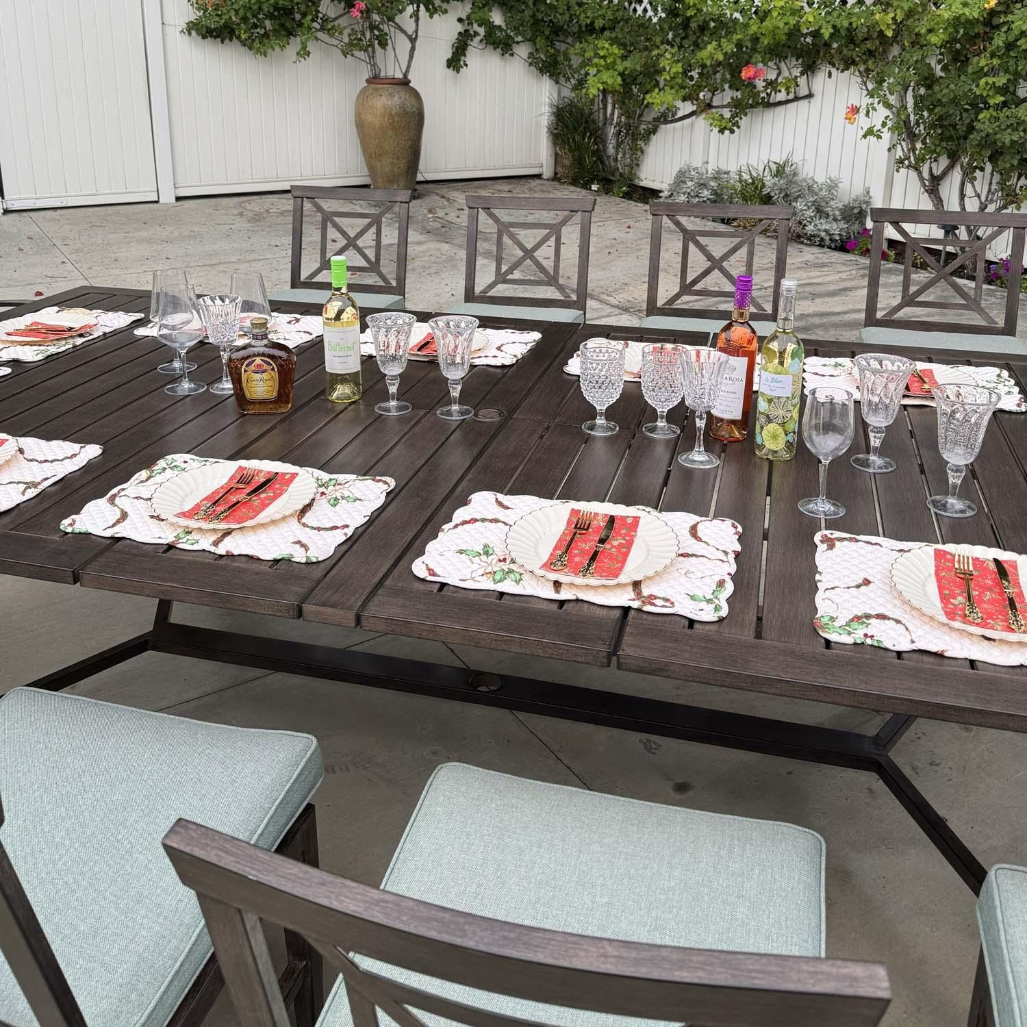 Atlantis 13 Pc Aluminum Swivel / Rocker Dining Set in Walnut/Spa by Darlee - Close Up - Lifestyle thumbnail