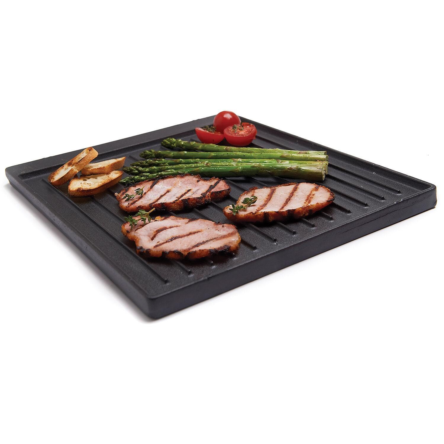 Broil King 11221 Exact Fit Cast Iron Griddle for Signet Series - Food Displayed - Rear Angle - White Background thumbnail
