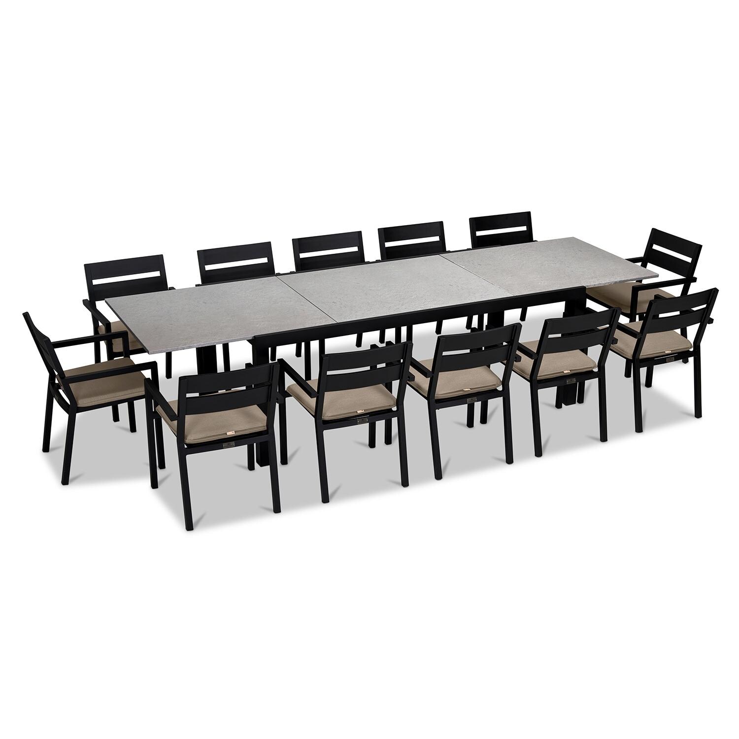 Calm Bay 13 Pc Extendable Aluminum Dining Set in Black/Concrete/Heather Beige by Lakeview Outdoor Designs