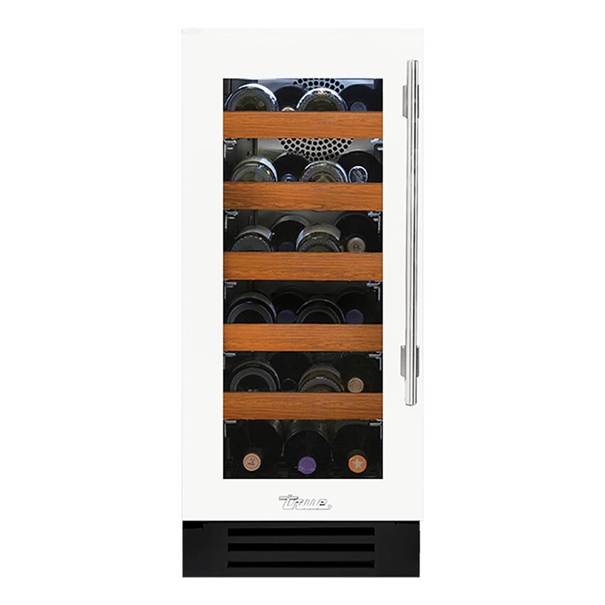 True TWC-15-L-OG-C~DSK-030-H04 15 Inch 23 Bottle Left Hinge Glass Door Outdoor Wine Cabinet - Matte White w/ Stainless Steel Handle - White Background thumbnail