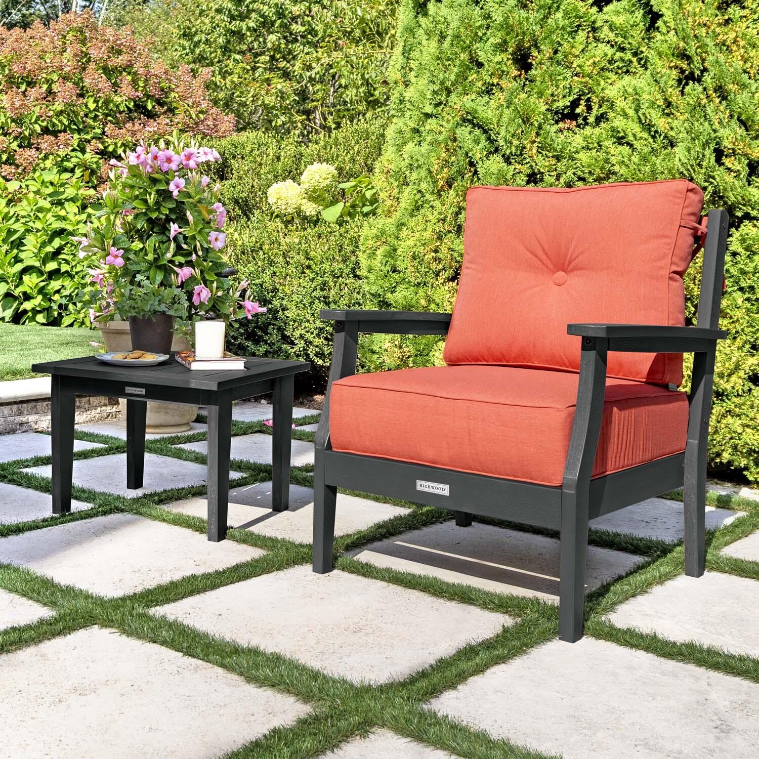 Blushing Bay 3 Pc Recycled Plastic Seating Set in Canvas Persimmon/Black by Lakeview Outdoor Designs - Close Up - Lifestyle thumbnail