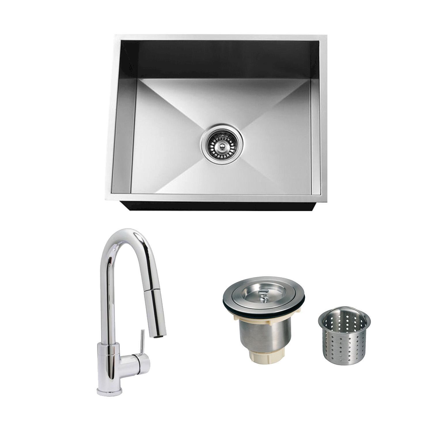 Urban Place Zero-Edge 24 X 19 Stainless Steel Outdoor Sink with Huntington Brass Dual Spray European Style Pull Down Faucet, Grid and Strainer Basket