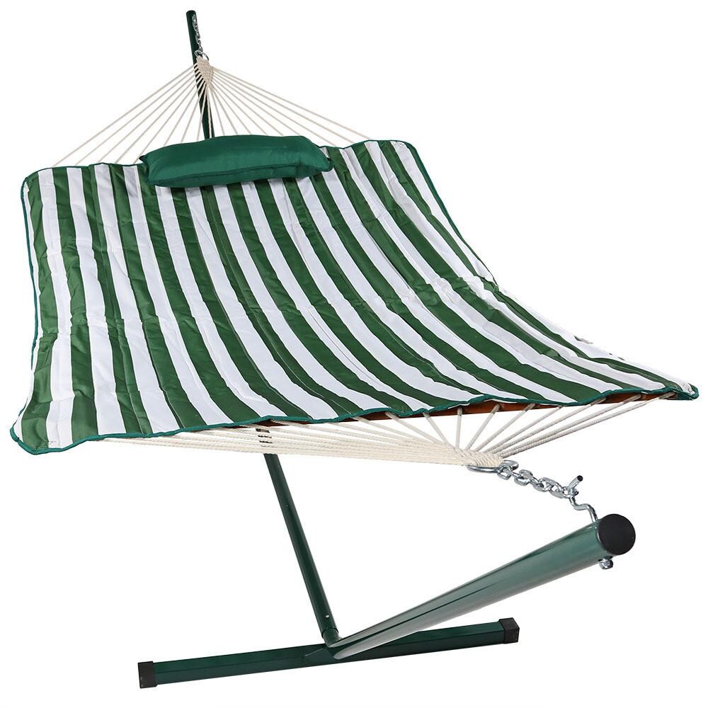 Sunnydaze Decor Rope Hammock w/ 12-Foot Stand, Pad, & Pillow - Green & White Stripe - DL-GWRH-Combo