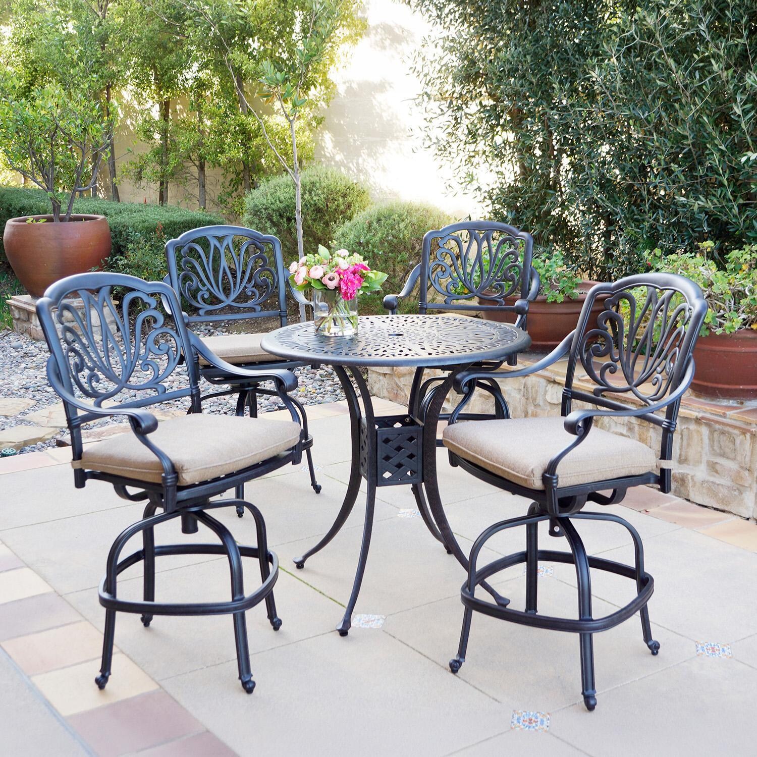 Darlee Elisabeth 5-Pc Cast Aluminum Counter Height Bar Set w/ 36-Inch Round Table in Antique Bronze/Beige Canvas - Full Set - Lifestyle thumbnail