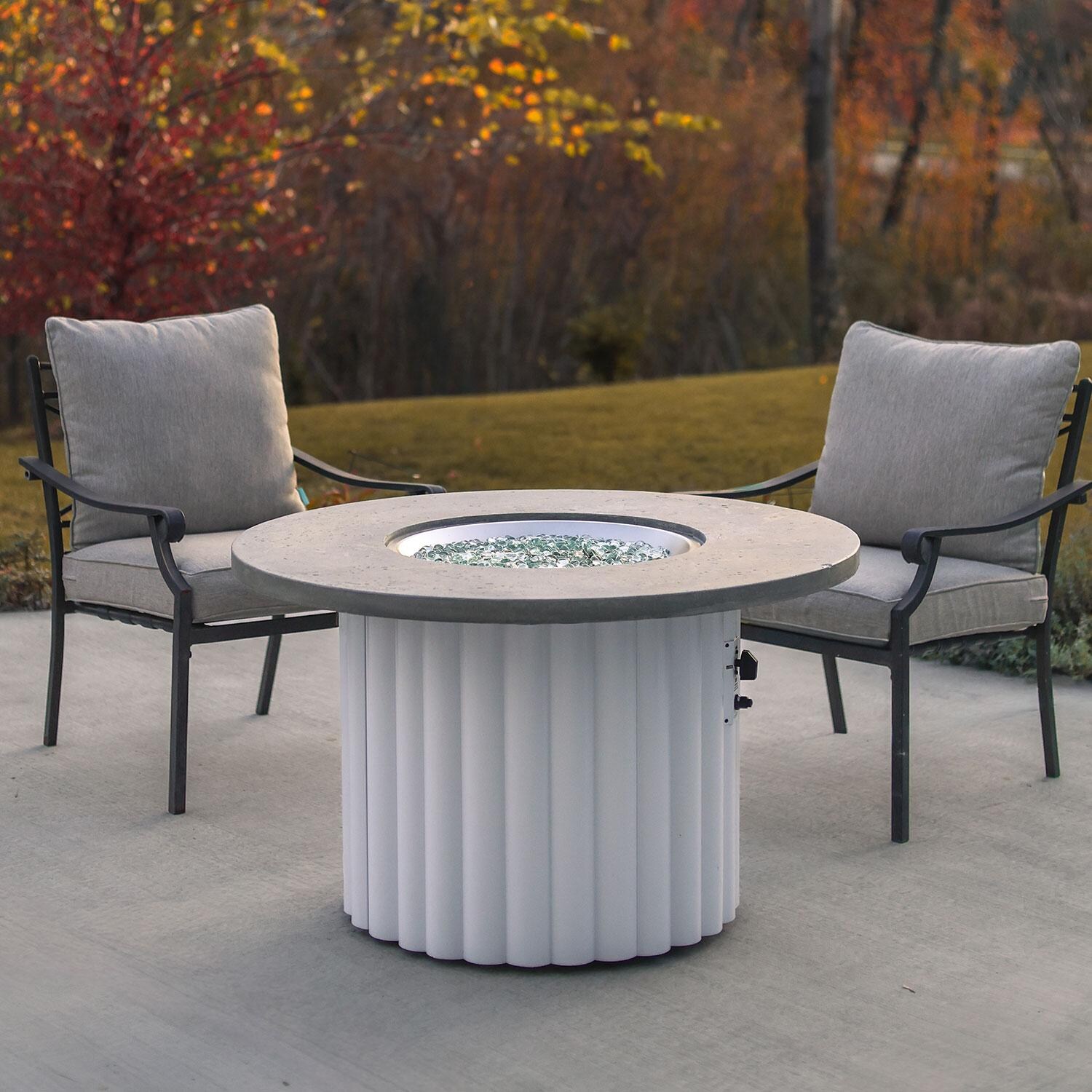 Reverie REVRWH-42-K-NG 42-in Round Aluminum Natural Gas Aluminum Fire Pit Table w/ Relic Grey Supercast Top & White Base (Ships Propane w/ Conversion Kit) - Lifestyle thumbnail