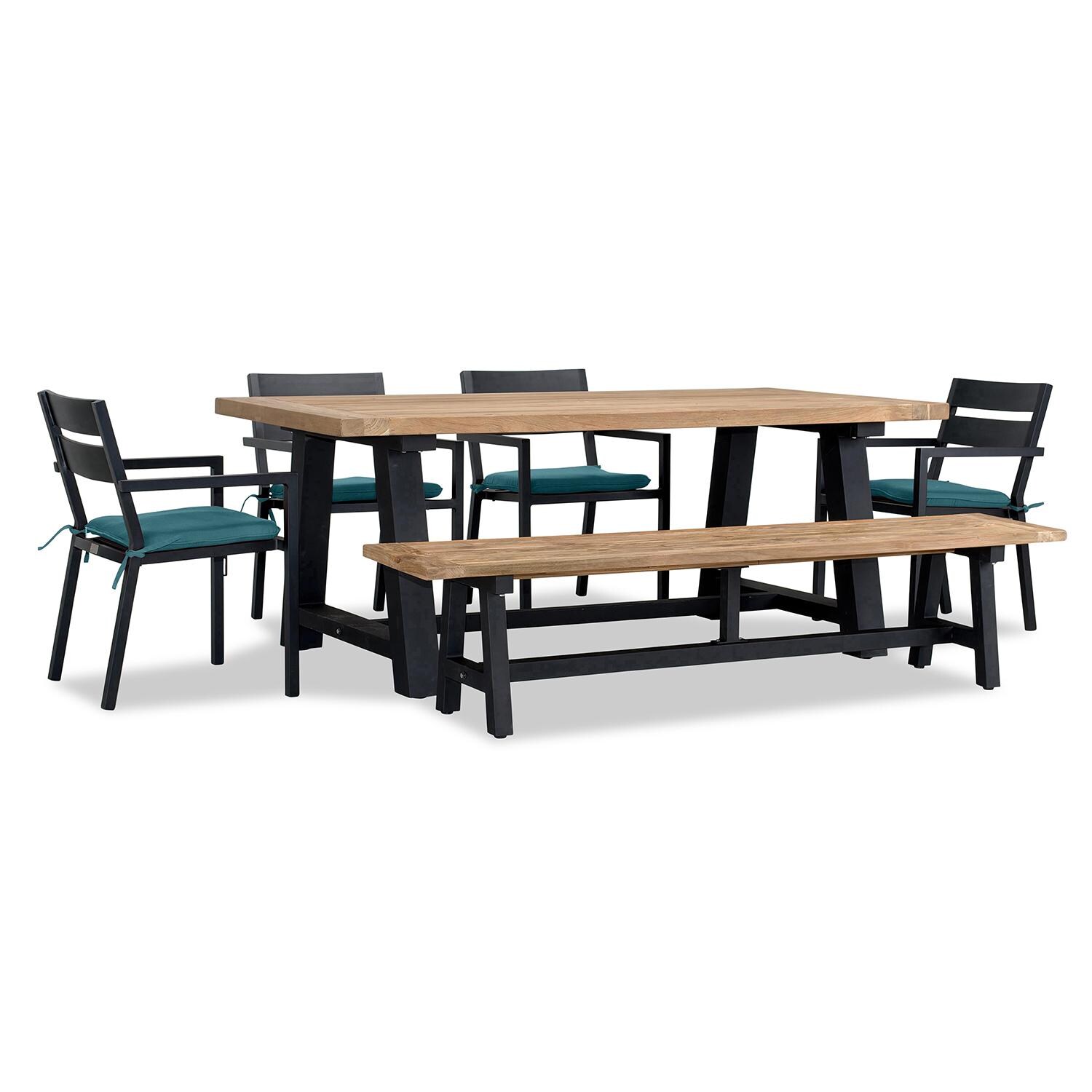Calm Bay Mill 7 Pc Reclaimed Teak Dining Set w/ Bench in Black/Spectrum Peacock by Lakeview - White Background 2 thumbnail