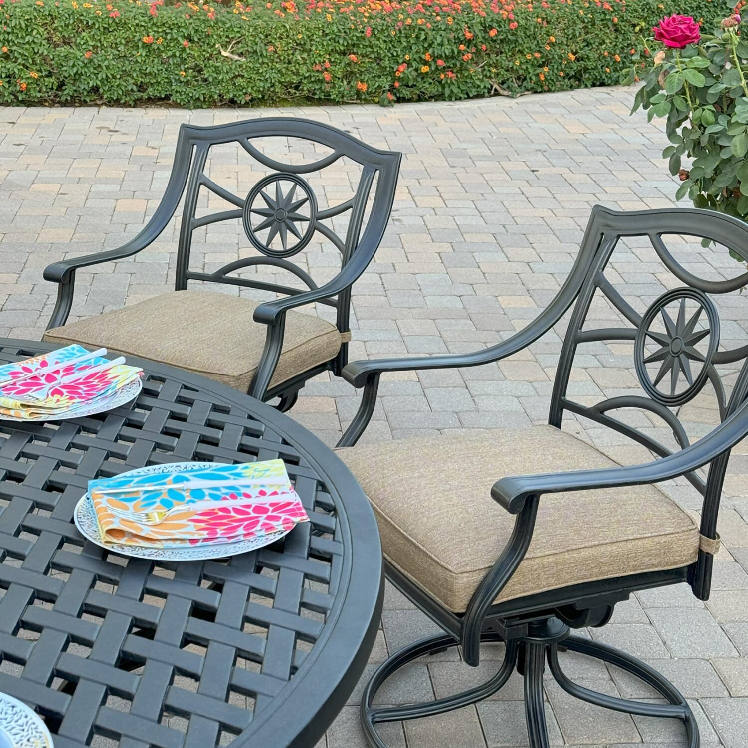 Darlee B/DL503-7PCAR-30D Ten Star 7 Pc Cast Aluminum Dining Set w/ Swivel Rocker Chairs in Antique Bronze - Chairs at Table - Lifestyle thumbnail