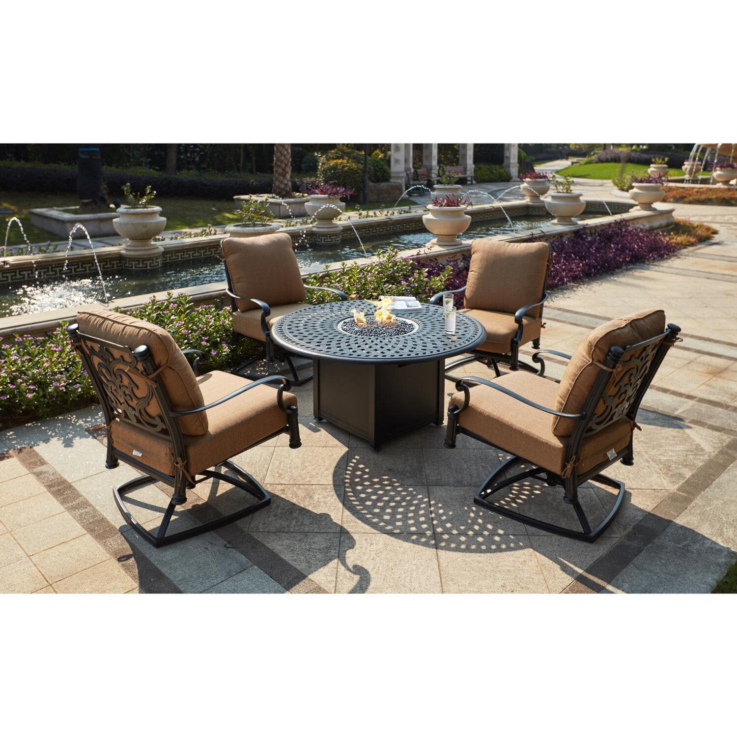 Darlee 201016-5PCR-60QB Santa Barbara 5 Piece Cast Aluminum Patio Fire Pit Conversation Set W/ Swivel Rocker Club Chairs & Sesame Cushions - Lifestyle thumbnail