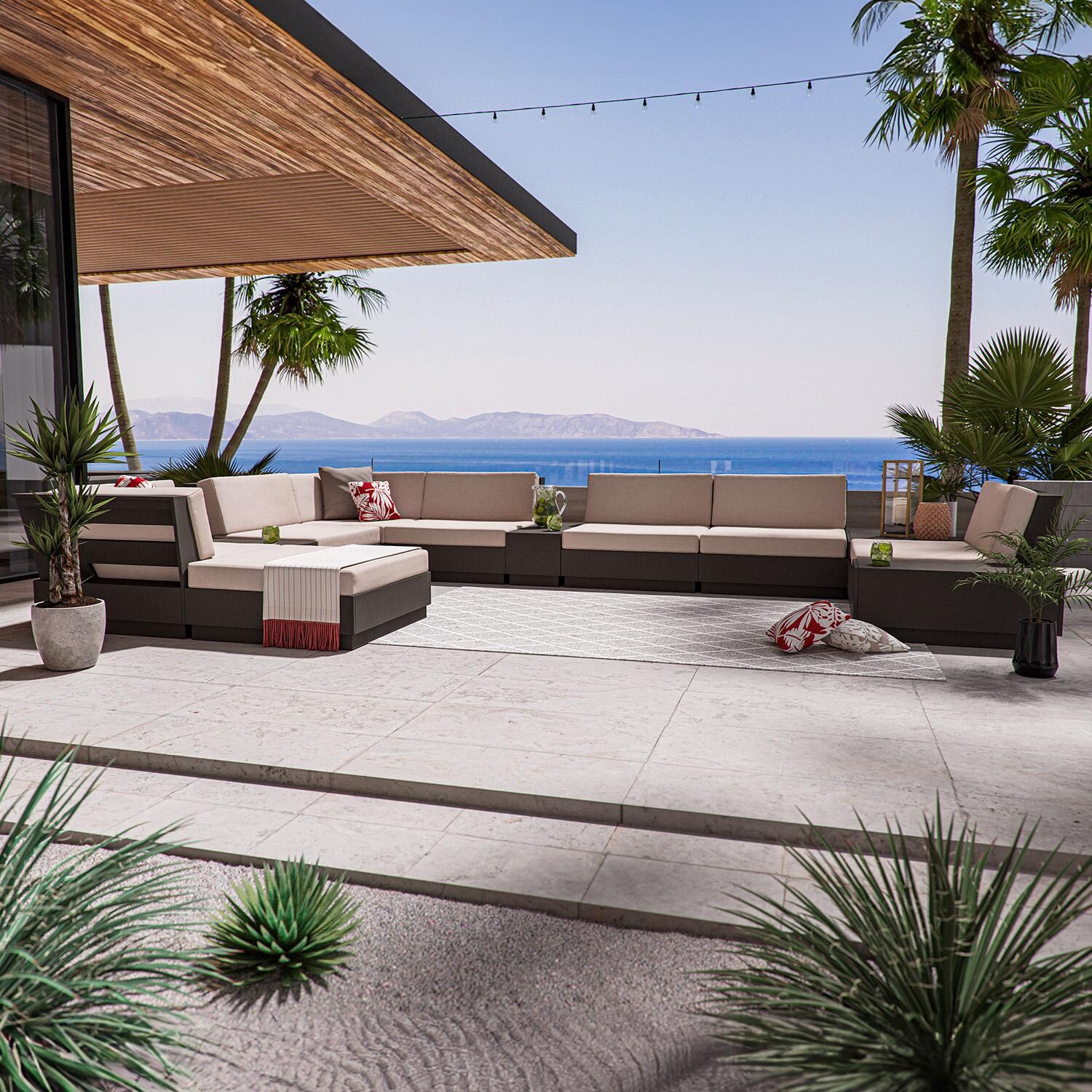 PW Designer Series PWS857-2-VSH145982 Elevate 10 Pc Recycled Plastic Sectional Seating Set in Vintage Sahara/Weathered Tweed - On the Patio (Shown in Vintage Coffee/Spiced Burlap) - Lifestyle thumbnail