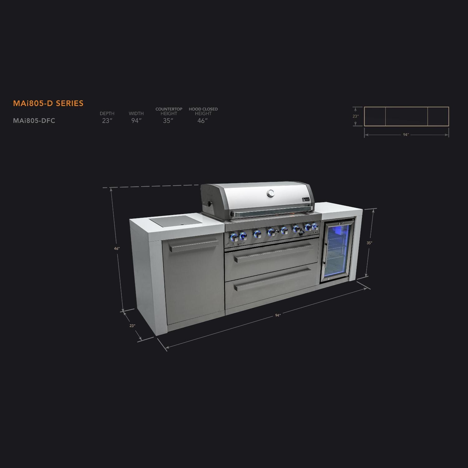 Mont Alpi MAi805-DFC Deluxe Natural Gas Island Grill W/ Refrigerator Cabinet - Dimensional thumbnail