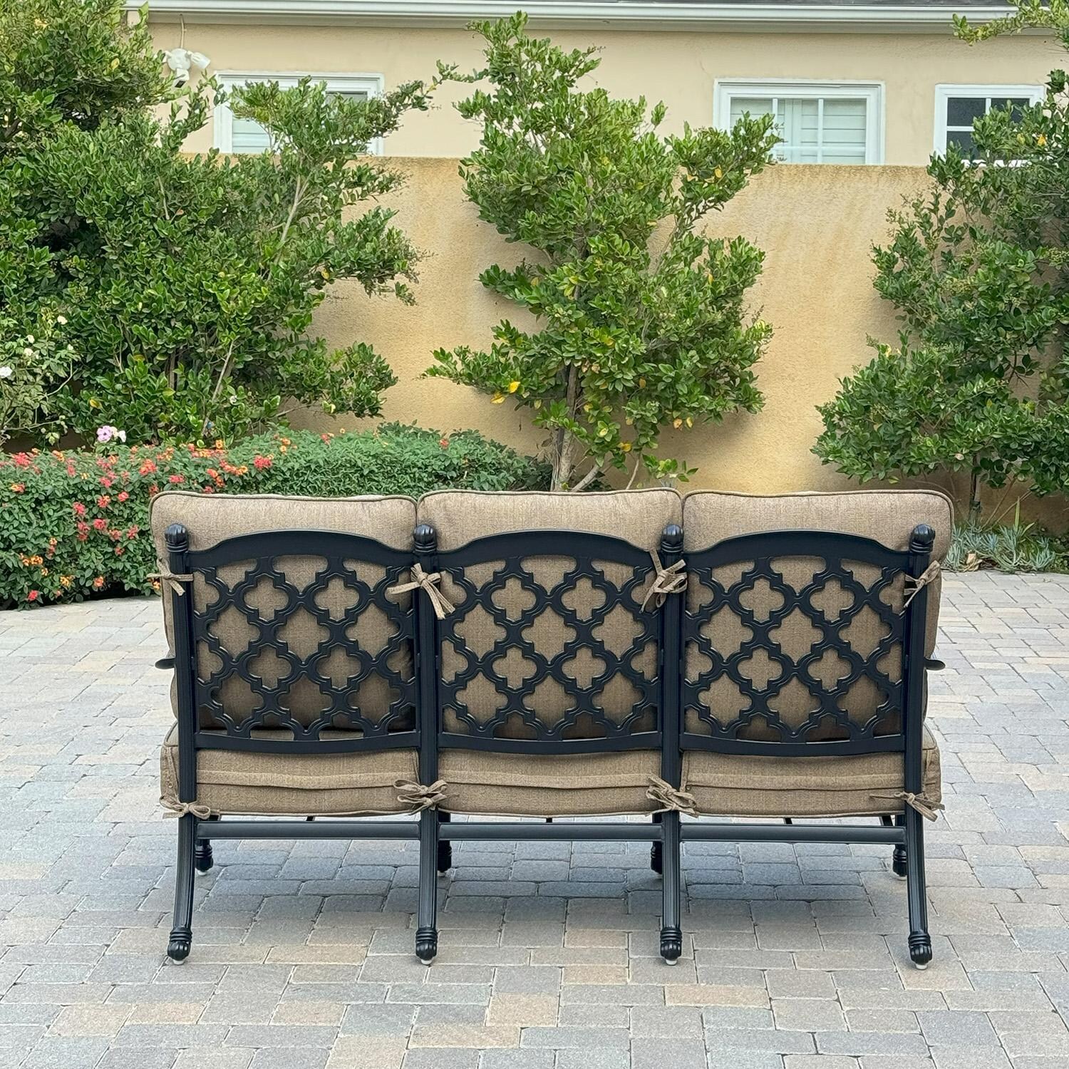 Madison 5 Pc Cast Aluminum Seating Set in Antique Bronze/Sesame by Darlee - Sofa Back View - Lifestyle thumbnail
