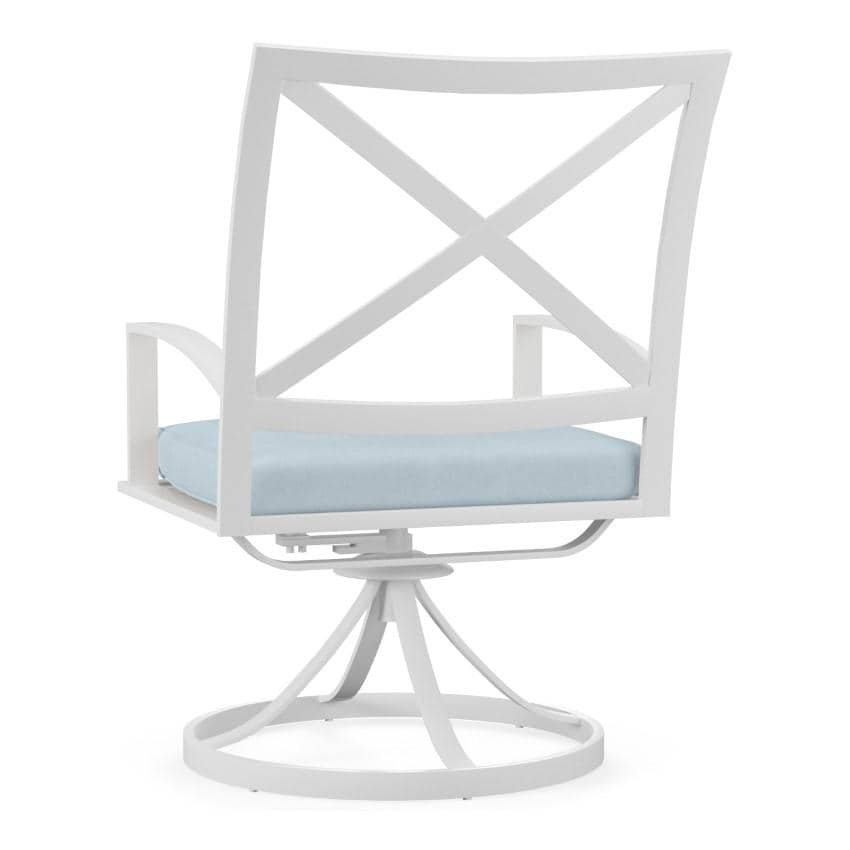 Bristol Aluminum Swivel Dining Arm Chair w/ Self Welt in White/Canvas Skyline by Sunset West - Back - White Background thumbnail