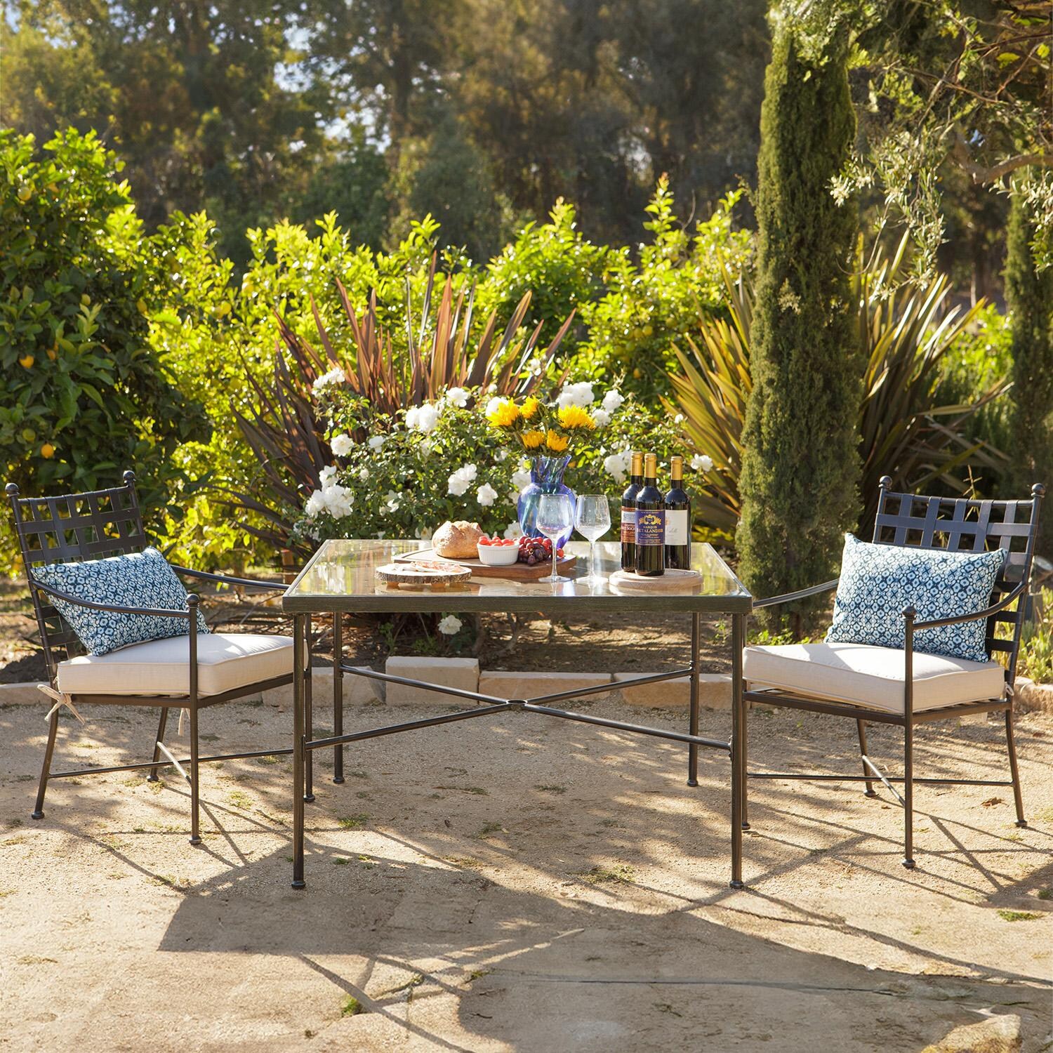 Provence 3 Pc Wrought Iron Dining Set W/Sunbrella Canvas Flax Cushions in Century Pewter By Sunset West - Lifestyle thumbnail