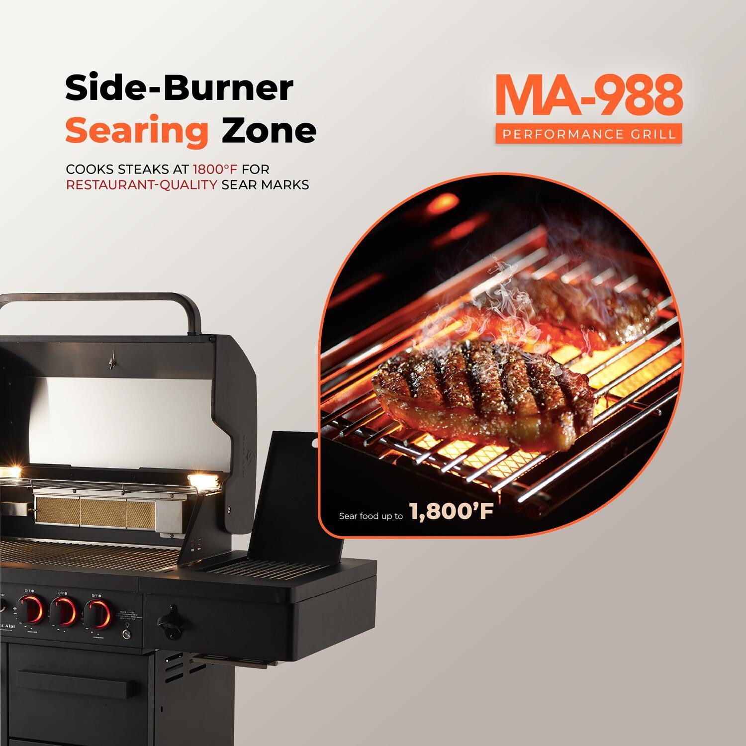 Mont Alpi MA-988 Performance Black Series 4 Burner Propane Grill - Side Sizzle - Detail thumbnail