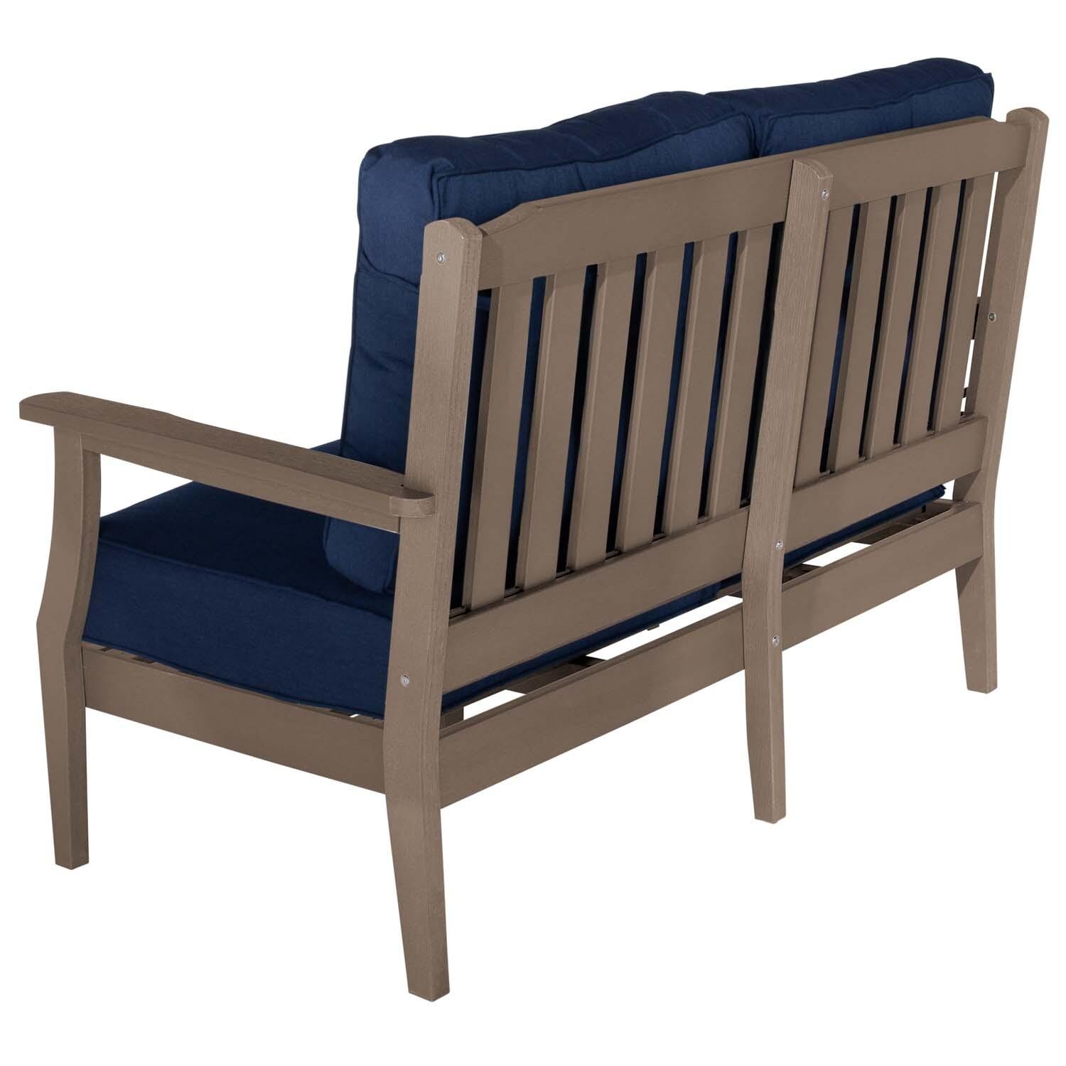 Blushing Bay 2 Person Recycled Plastic Loveseat in Spectrum Indigo/Woodland Brown by Lakeview Outdoor Designs - Back View - White Background thumbnail