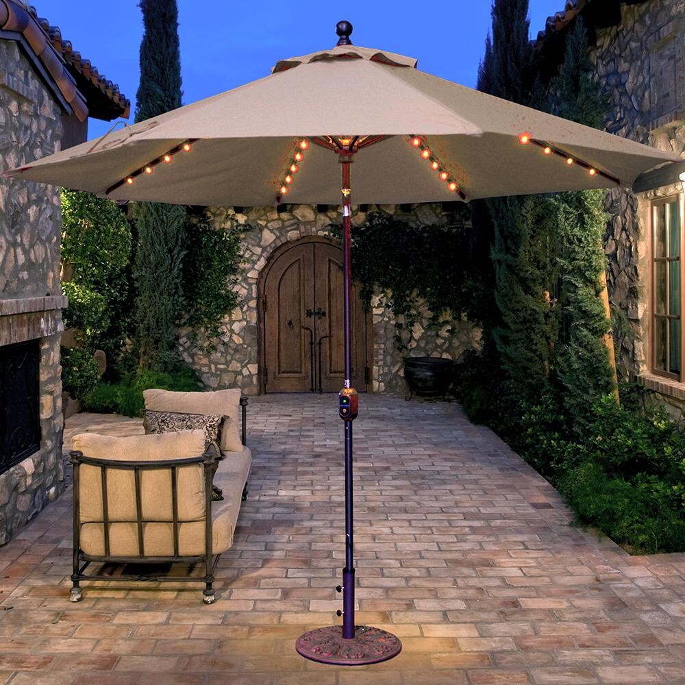 Galtech 9 Ft. Octagonal Patio Umbrella W/ Crank Lift - Lifestyle View - Shown In Antique Bronze W/ Camel Sunbrella Fabric (Umbrella Base Not Included) thumbnail