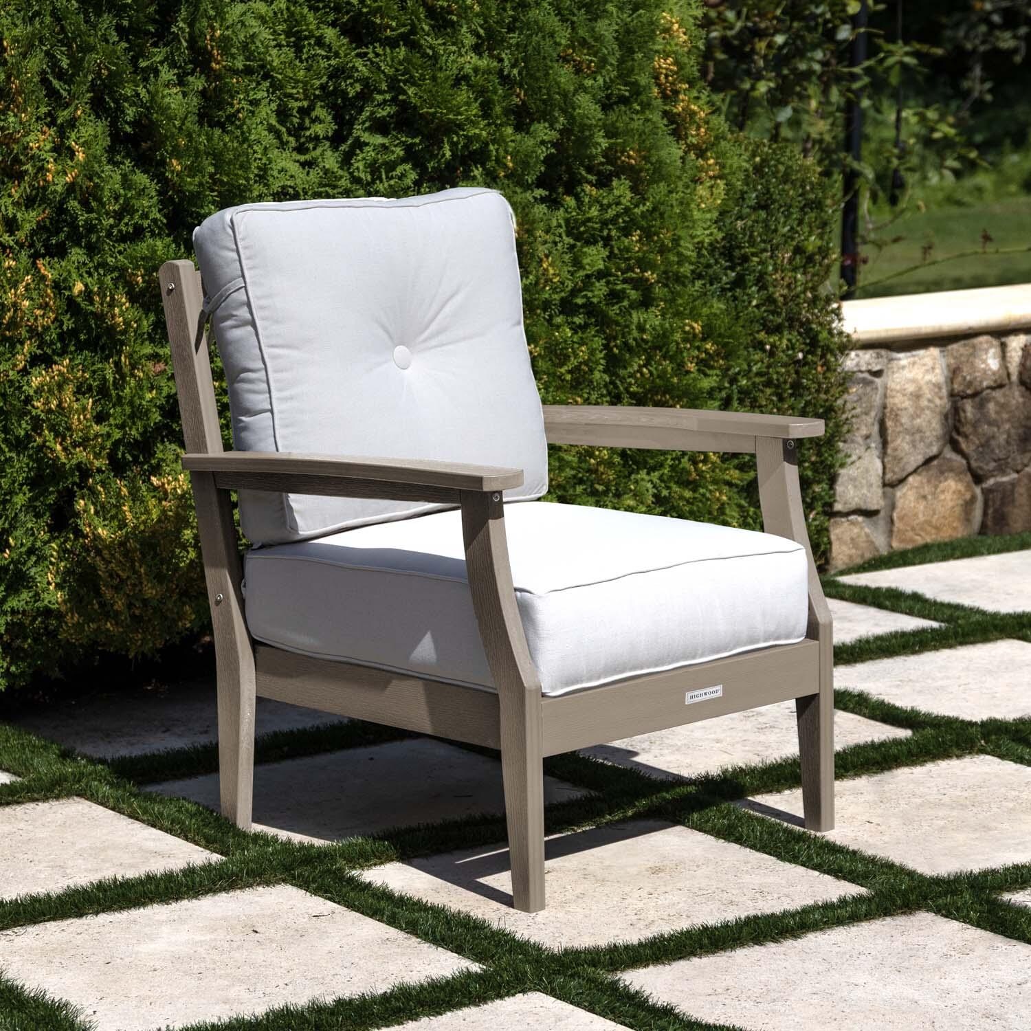 Blushing Bay Recycled Plastic Club Chair in Bliss Linen/Woodland Brown by Lakeview Outdoor Designs - On Patio - Lifestyle thumbnail