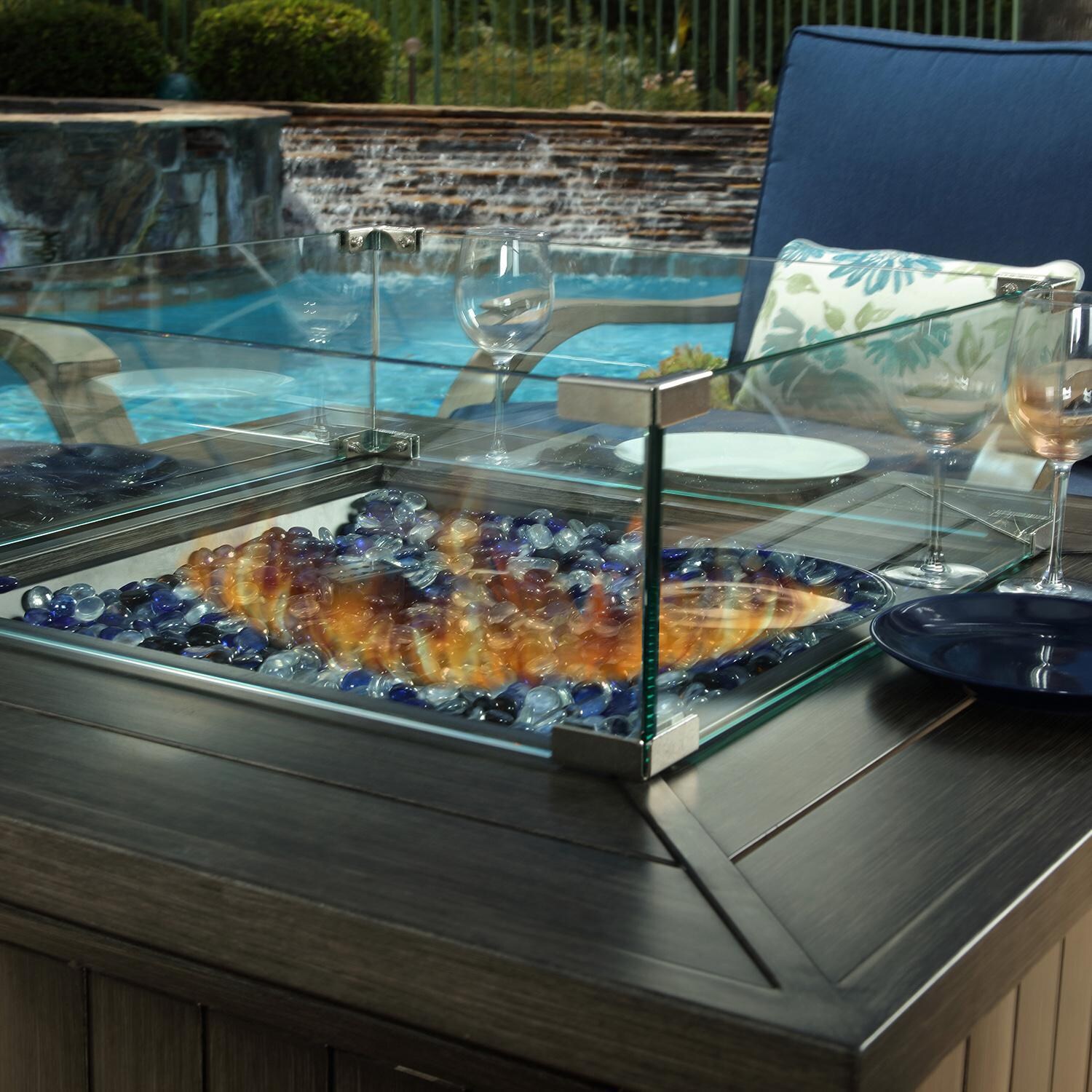 Lakeview Outdoor Designs Rosalie Bay 5 Piece Wicker & Aluminum Patio Conversation Set - Fire Pit Table Shown In Use thumbnail