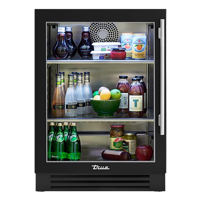 True TUR-24-L-OG-C~DSK-027-H04 24 Inch 4.2 Cu. Ft. Left Hinge Glass Door Outdoor Refrigerator in Matte Black w/ Stainless Steel Handles - White Background thumbnail