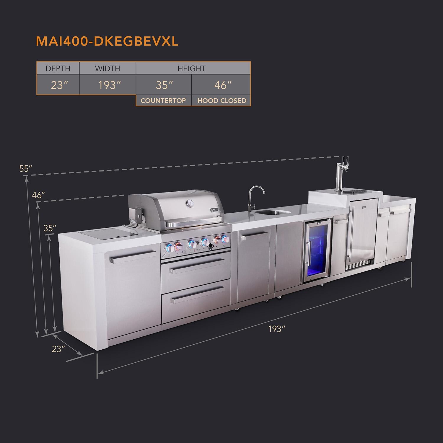 Mont Alpi Deluxe Series 15 1/2 Ft Natural Gas Outdoor Kitchen Island w/ 32-in Grill, Side Burner, Beverage Center, Kegerator & Extra Door (Ships Propane w/ Conversion Kit) - Dimensions - Dimensional thumbnail
