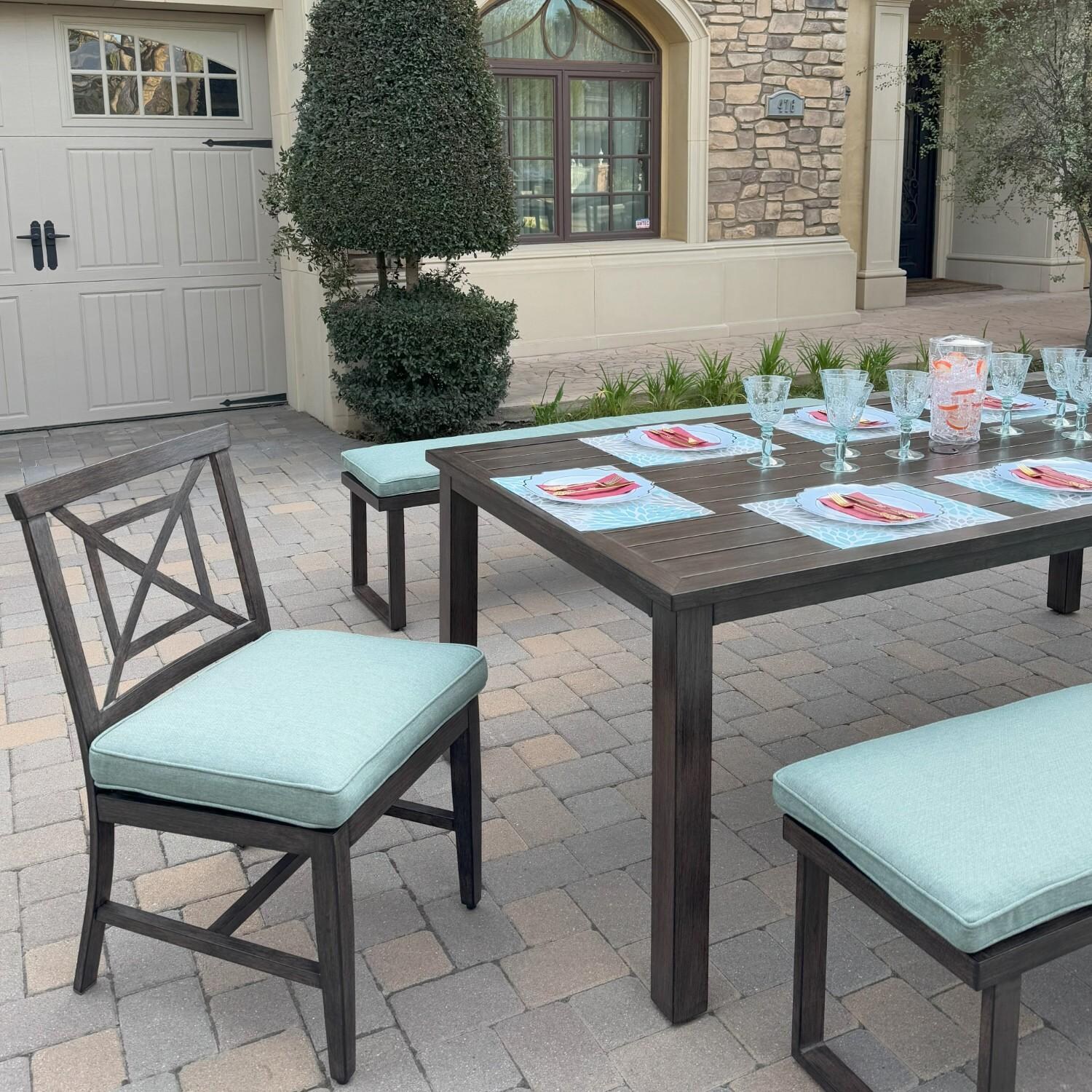 Atlantis 5 Pc Aluminum Dining Set w/ 2 Dining Side Chairs & 2 Three Person Benches in Walnut/Spa by Darlee - Chair Side - Lifestyle thumbnail