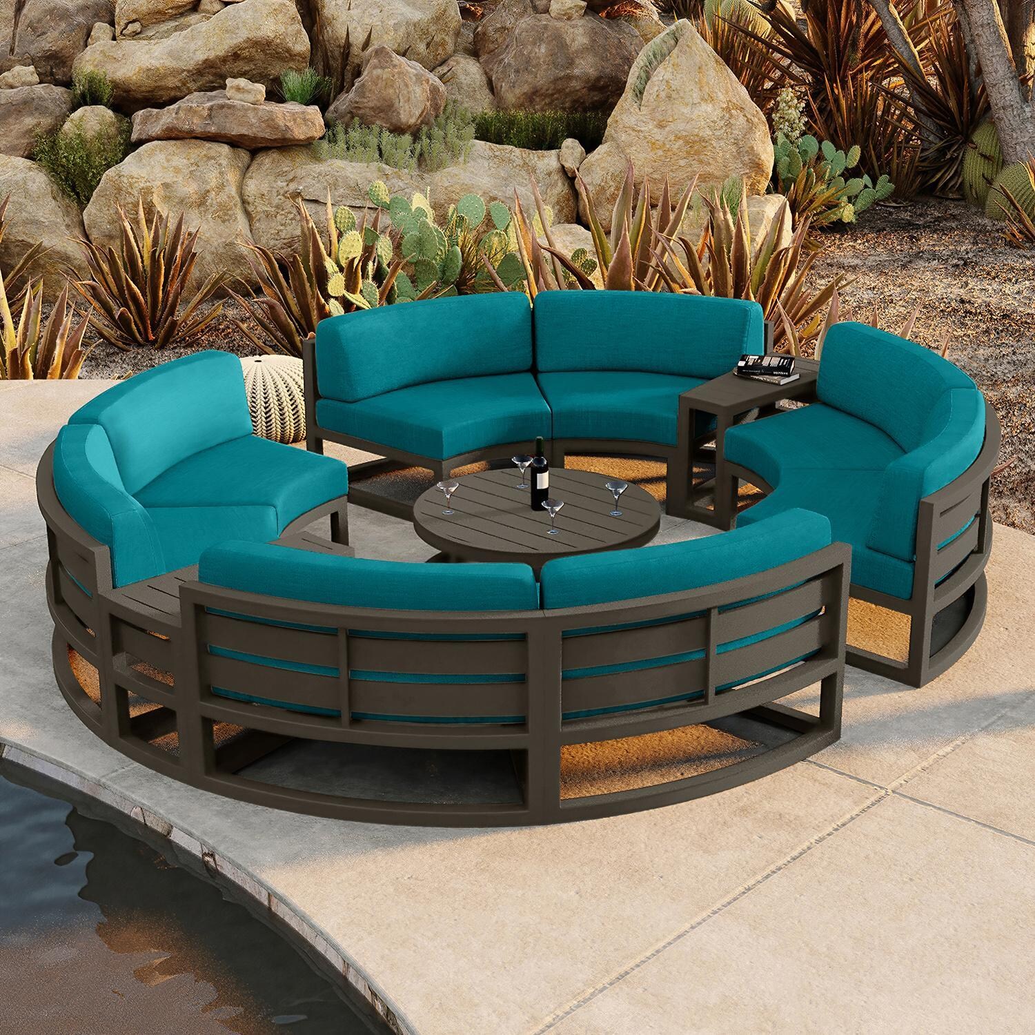 Misty Cove 7 Piece Curve Sectional Set in Slate w/Coffee Table & Spectrum Peacock Cushions by Lakeview - By the Water - Lifestyle thumbnail